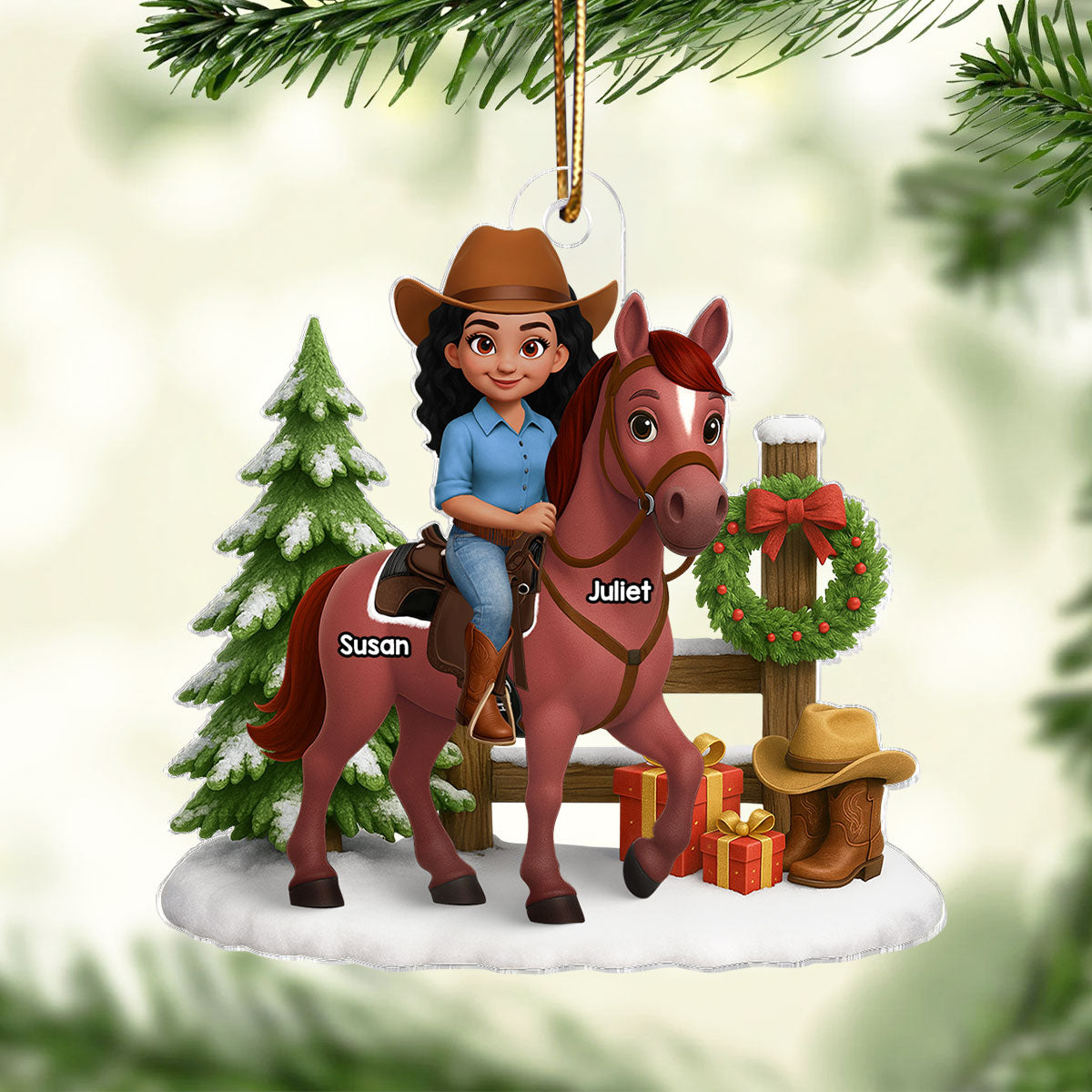 3D Effect Cowgirl and Her Horse Christmas - Personalized Acrylic Ornament