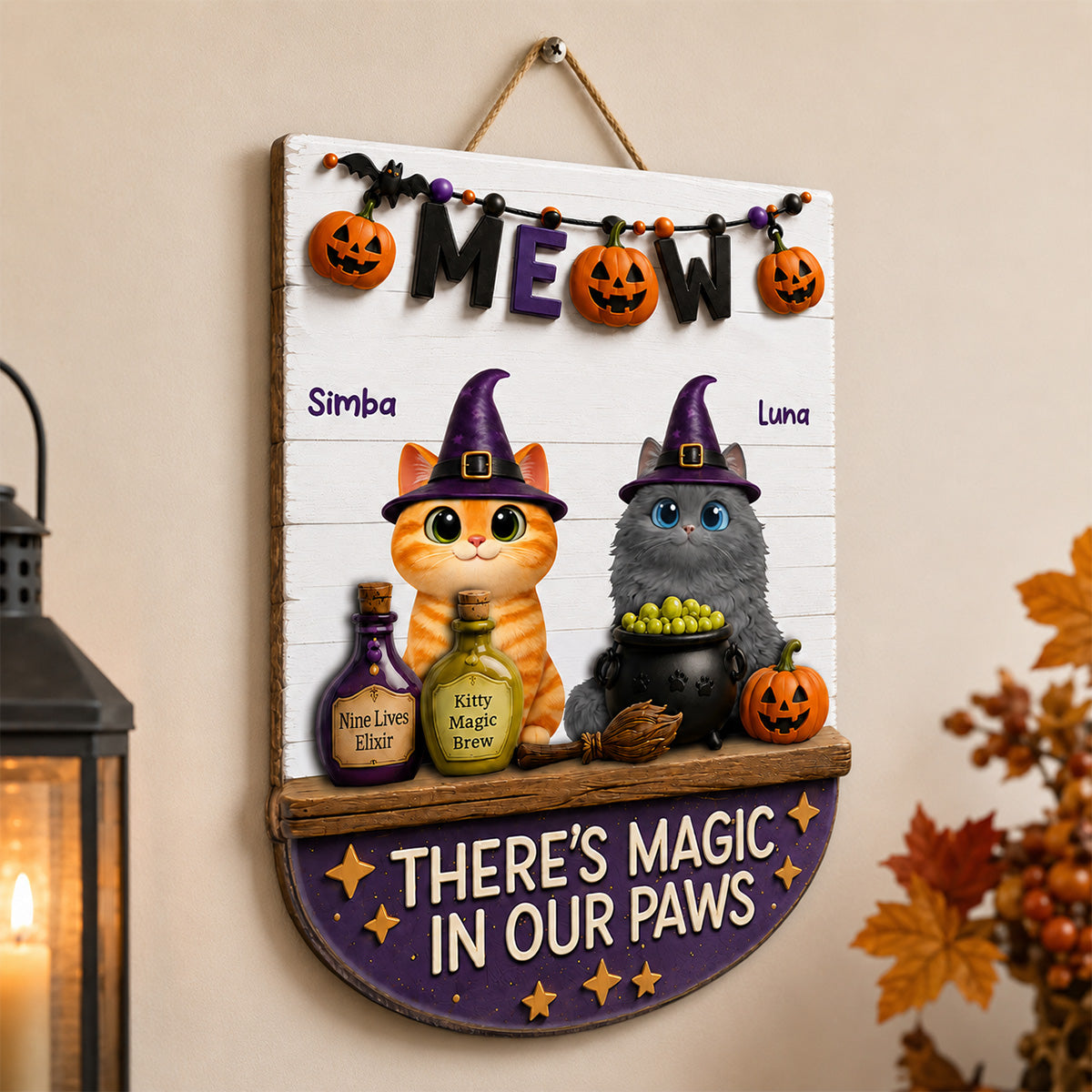 There's Magic In Cat Paws - Personalized Door Hanger - Halloween Decoration