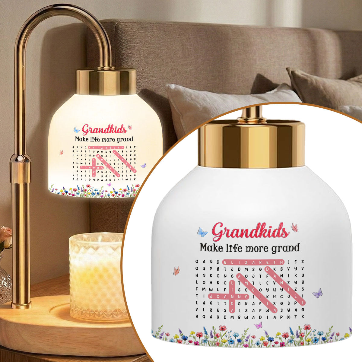 Grandkids Make My Life More Grand Word Search Puzzle - Personalized Candle Warmer Lamp - Mother's Day Gift for Grandma, Mom, Wife