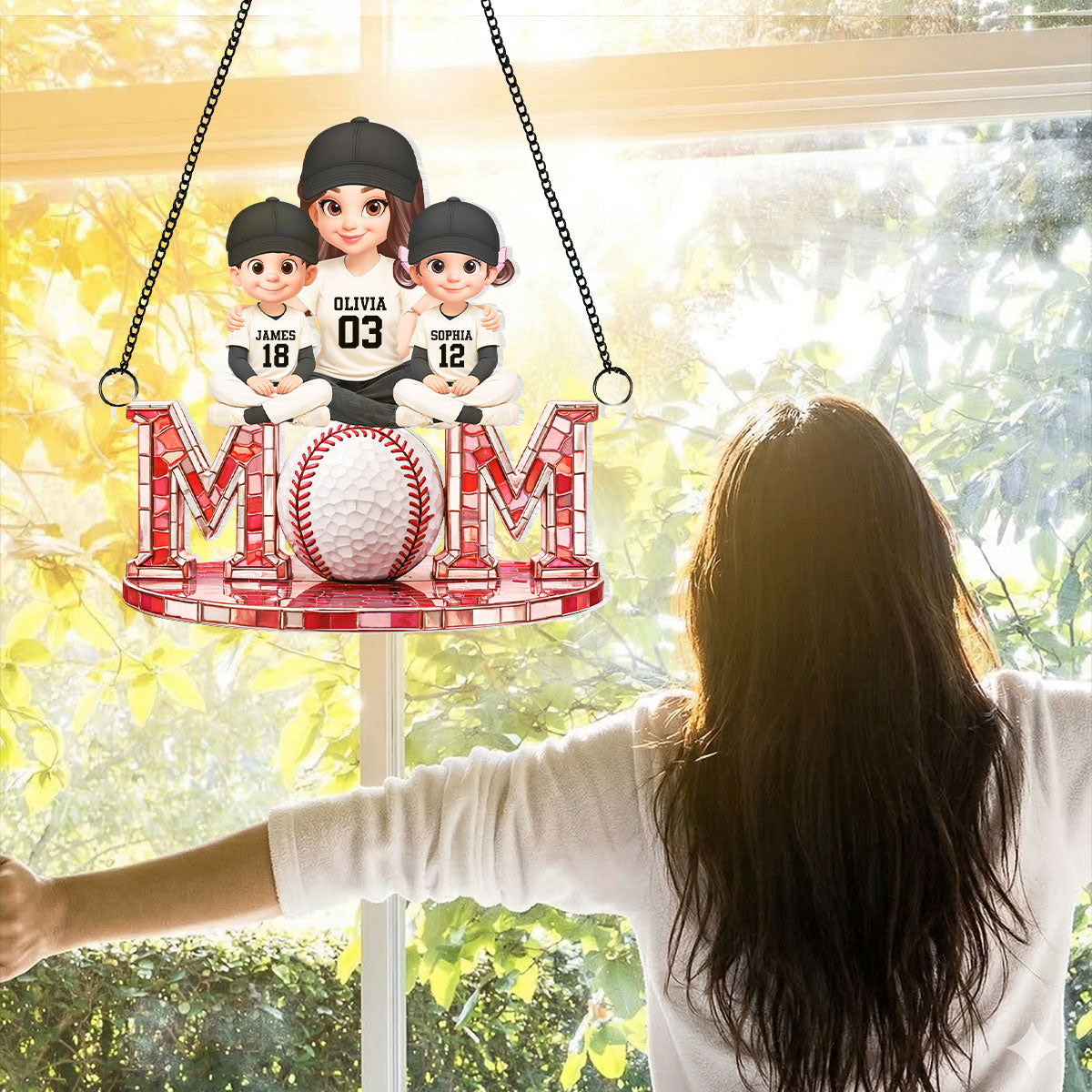 Baseball Mom And Kids Sitting - Personalized Suncatcher - Heartfelt Mother's Day Gift for Mom, Wife