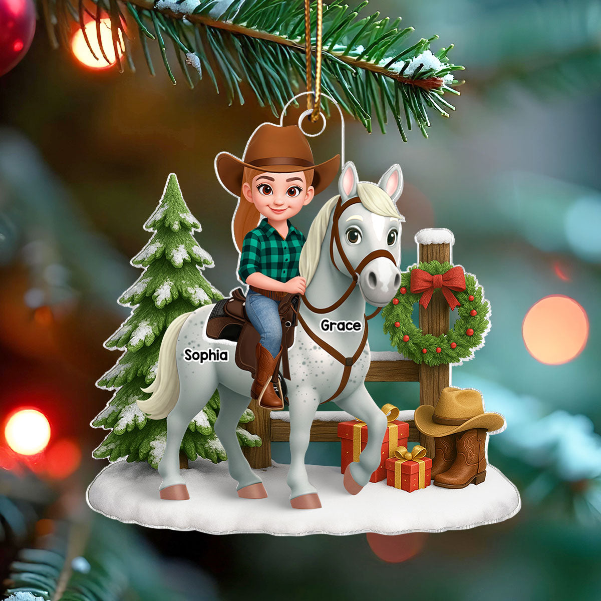 3D Effect Cowgirl and Her Horse Christmas - Personalized Acrylic Ornament