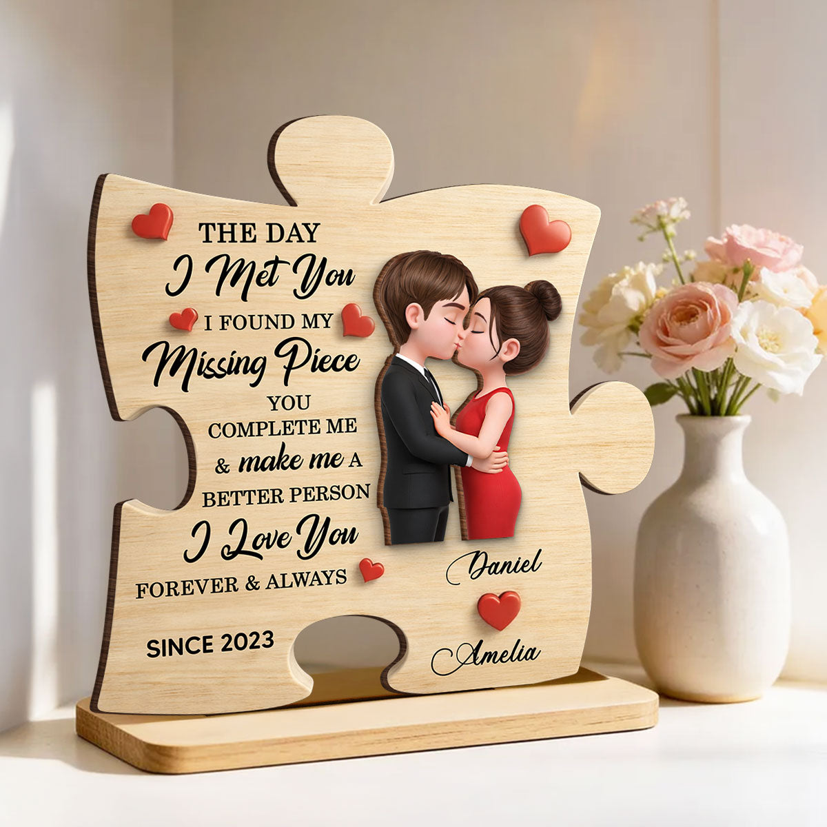 The Day I Met You Puzzle Sign - Personalized 2-Layered Wooden Plaque - Anniversary, Valentine's Day Gift, Gift For Him, Gift For Her