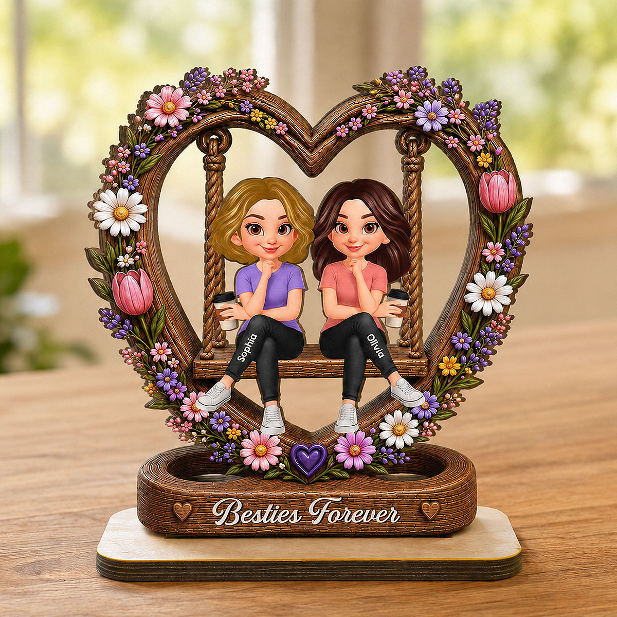 Besties Sister Floral Swing 2D Flat - Personalized Wooden Plaque