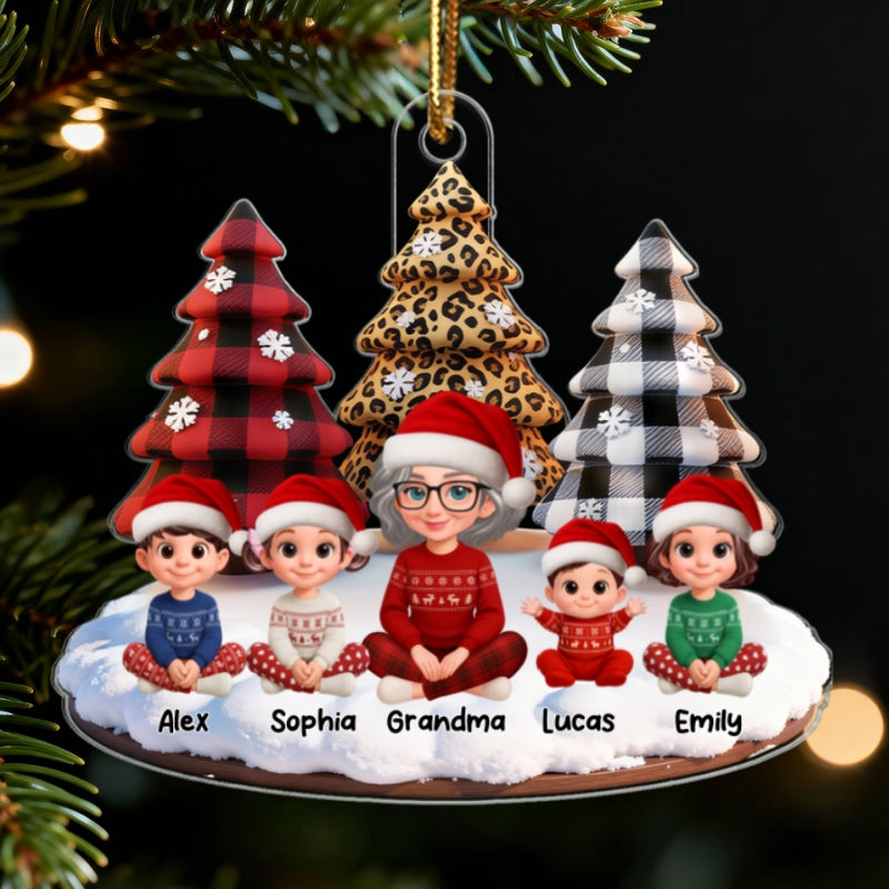 3D Effect Leopard Checkered Pattern Christmas Trees Grandma Grandkids Happy Together - Personalized Acrylic Ornament - Gift For Grandma, Grandkids