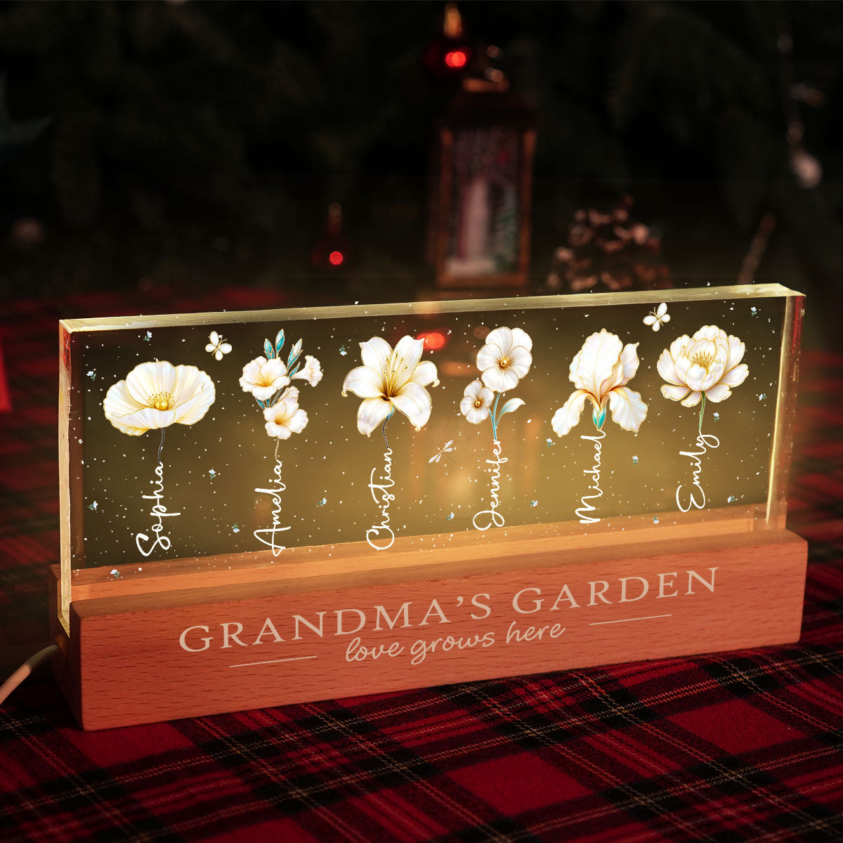 Grandma's Garden 3D Effect Birth Month Flowers - Personalized Acrylic Block LED Night Light - Gift For Grandma