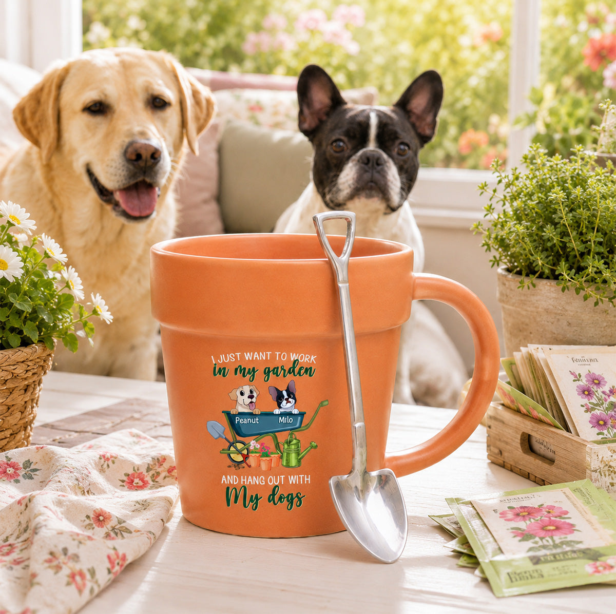 Just Want To Work In My Garden With My Dogs - Personalized Plant Pot Ceramic Mug - Gift For Gardening Lovers