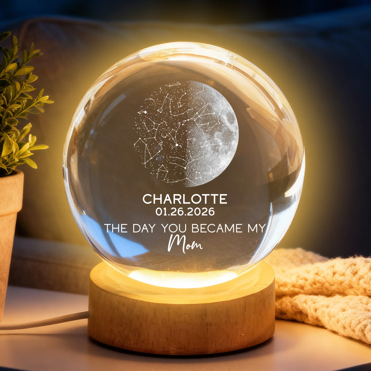 The Days You Became Our Mom Custom Moon Phase And Star Map - Personalized Crystal Ball LED Night Light - Mother's Day Gift For Mom