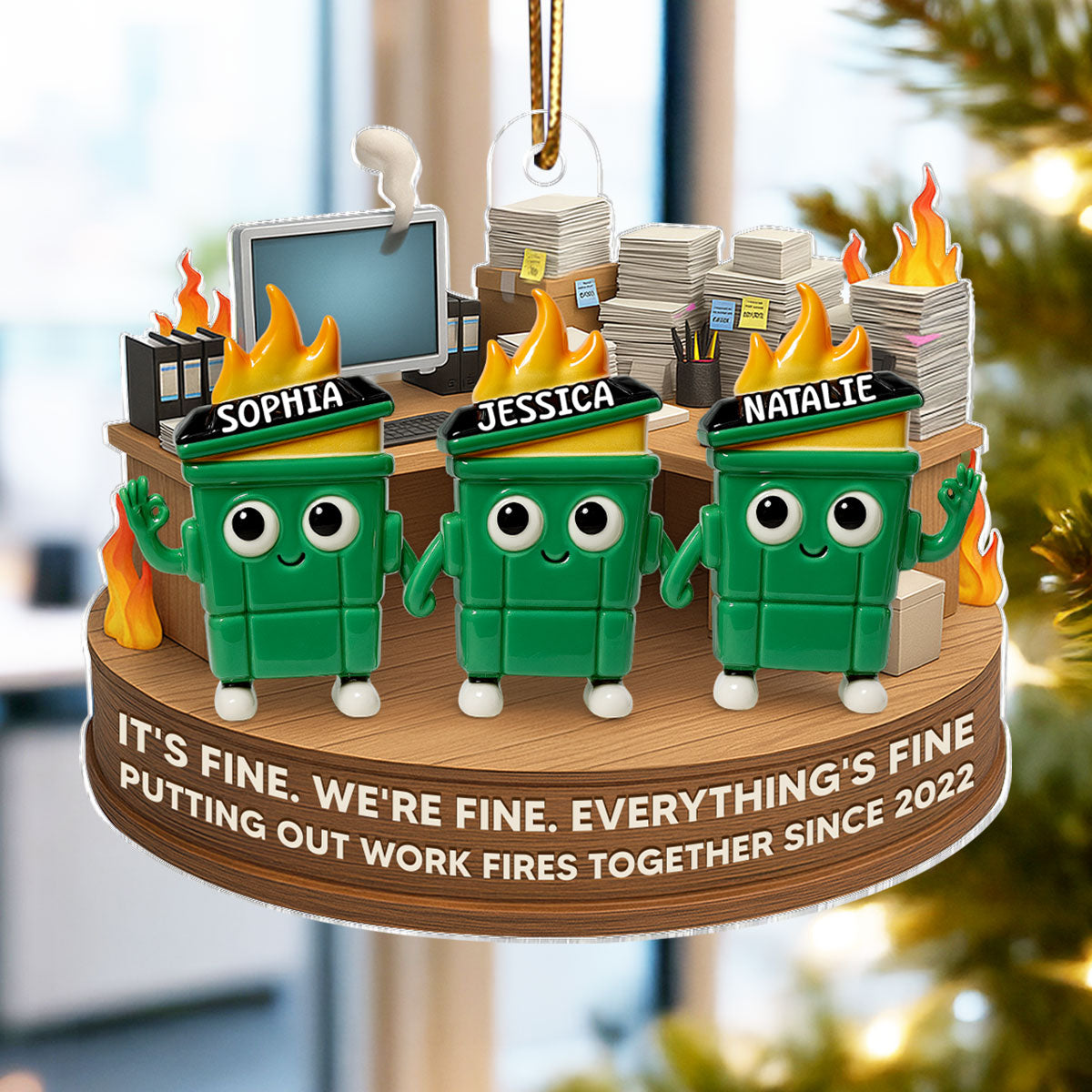 Putting Out Work Fires Together Work Bestie Dumpster Fire - Personalized Acrylic Ornament - Christmas Gift for Colleagues, Coworkers, Boss