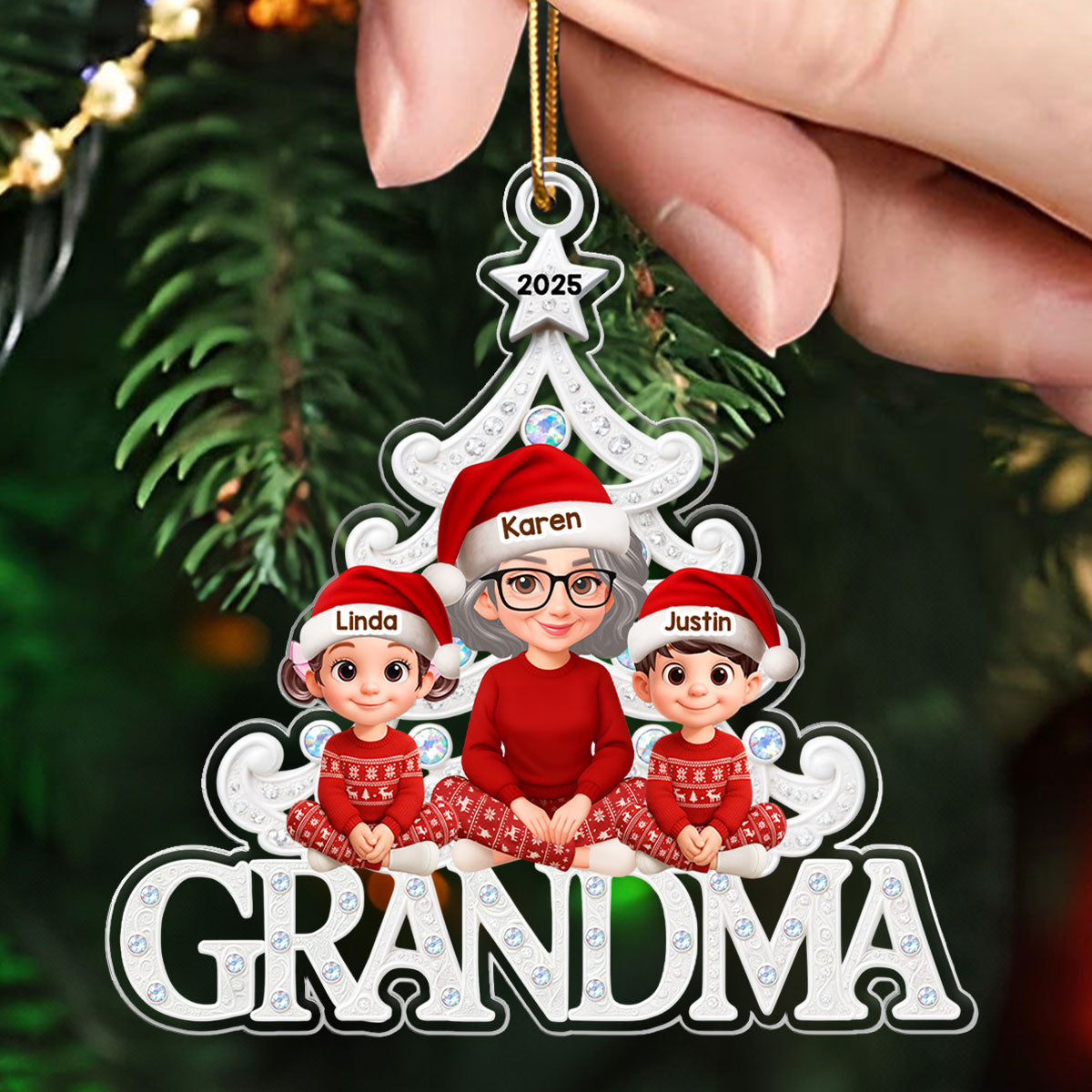 Grandma Grandkids Sitting Metallic Crystal Effect - Personalized Acrylic Ornament - Christmas Gift for Grandma