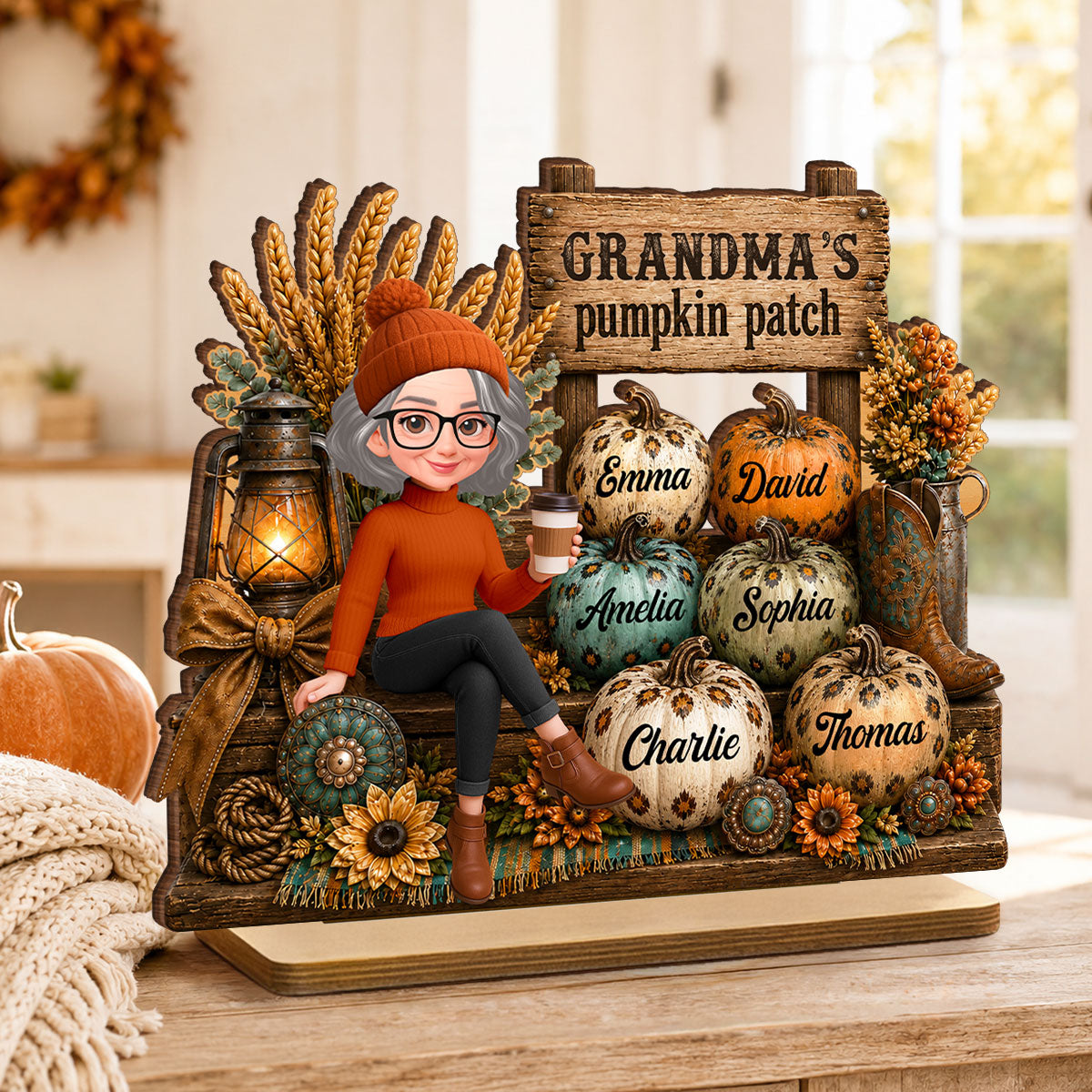 Grandma Pumpkin Patch Western Fall Vibe - Personalized 2-Layered Wooden Plaque - Fall Gift for Grandma