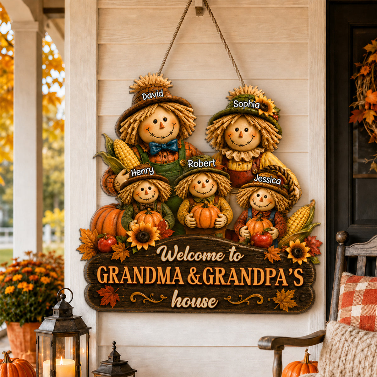 Welcome to Grandma Grandpa's House Scarecrow - Personalized Door Hanger - Fall Thanksgiving Decor