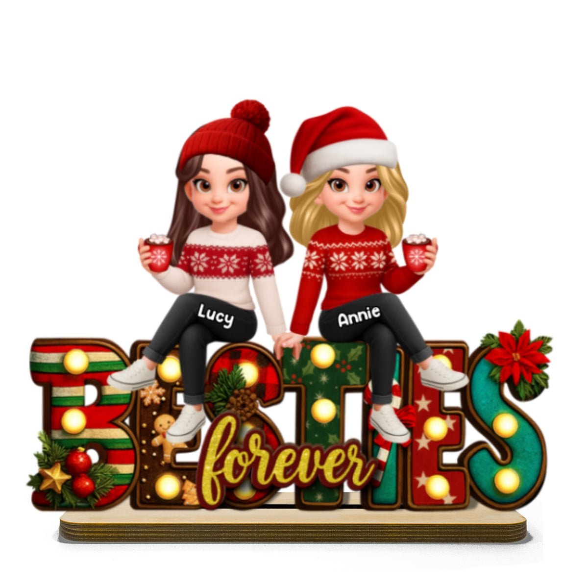 Festive Christmas Besties Together Christmas - Personalized 2-Layered Wooden Plaque