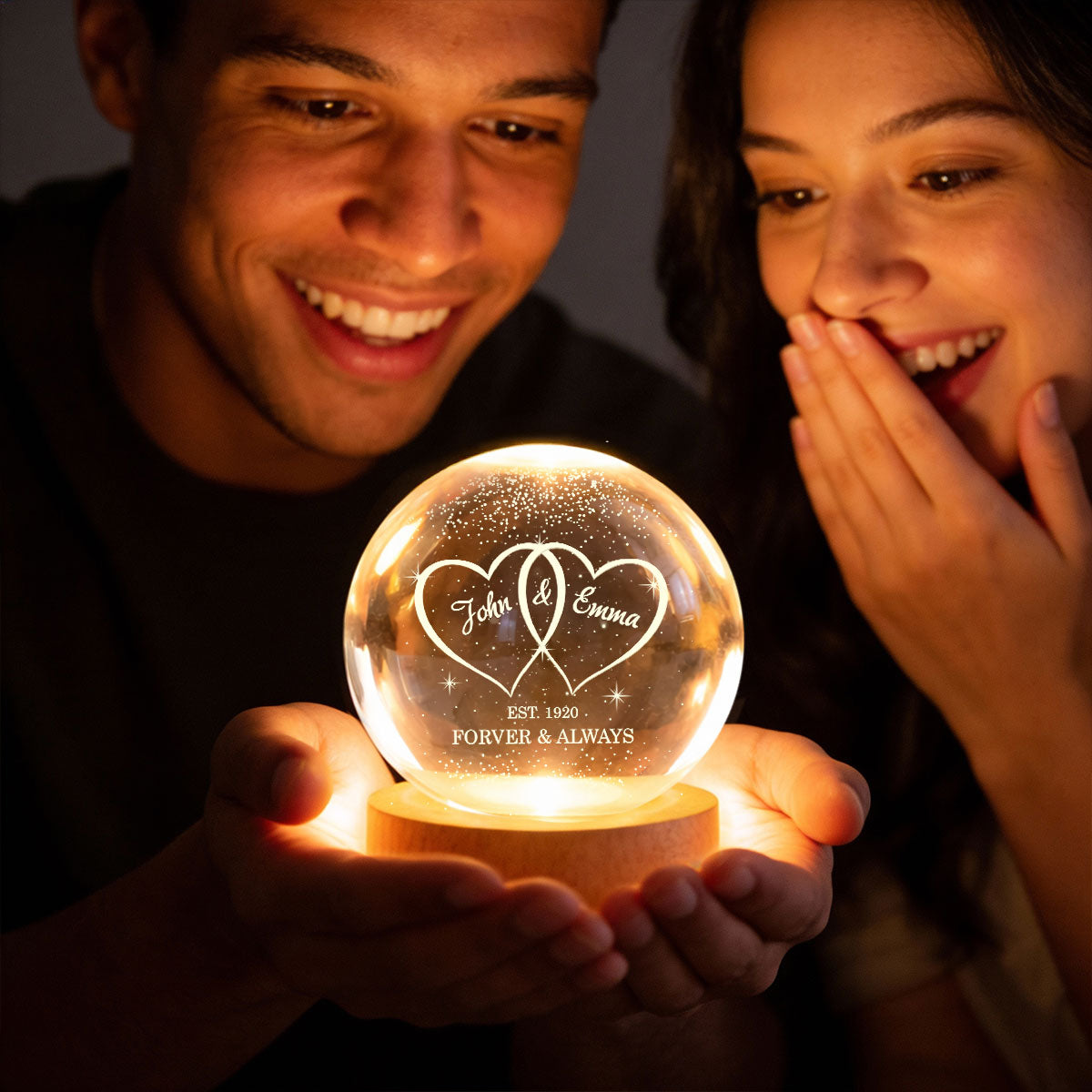 Couple Hearts Interlocked - Personalized Crystal Ball LED Night Light - Heartfelt Valentine's Day Gift for Her, for Him