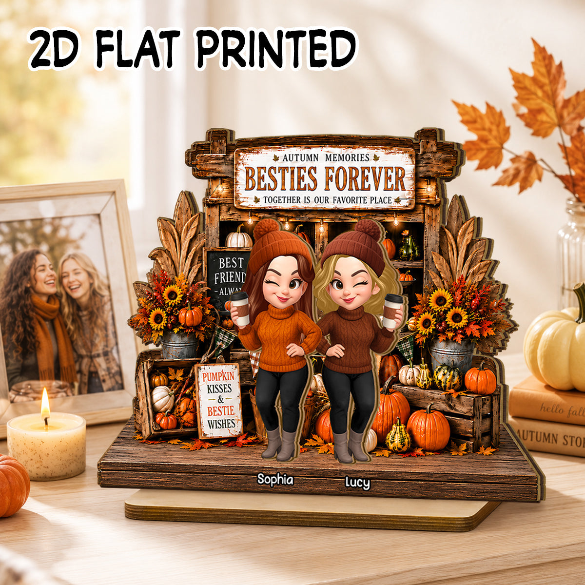 Rustic Pumpkin Patch Farm Besties - Personalized 2-Layered Wooden Plaque - Fall Season Gift For Besties