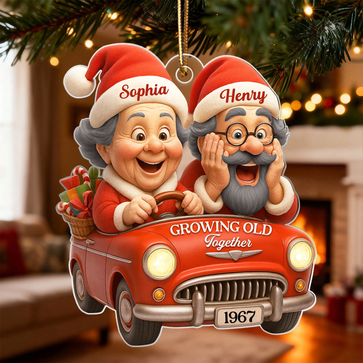 Old Couple In Santa Car - Personalized Acrylic Ornament - Unique Christmas Gift For Him, For Her, For Couple