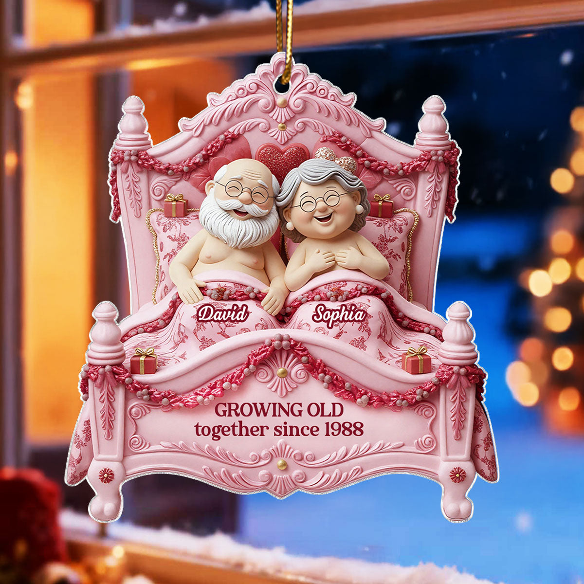 Growing Old Together Elderly Couple On Bed - Personalized Acrylic Ornament - Gift for Couple, for Her, for Him