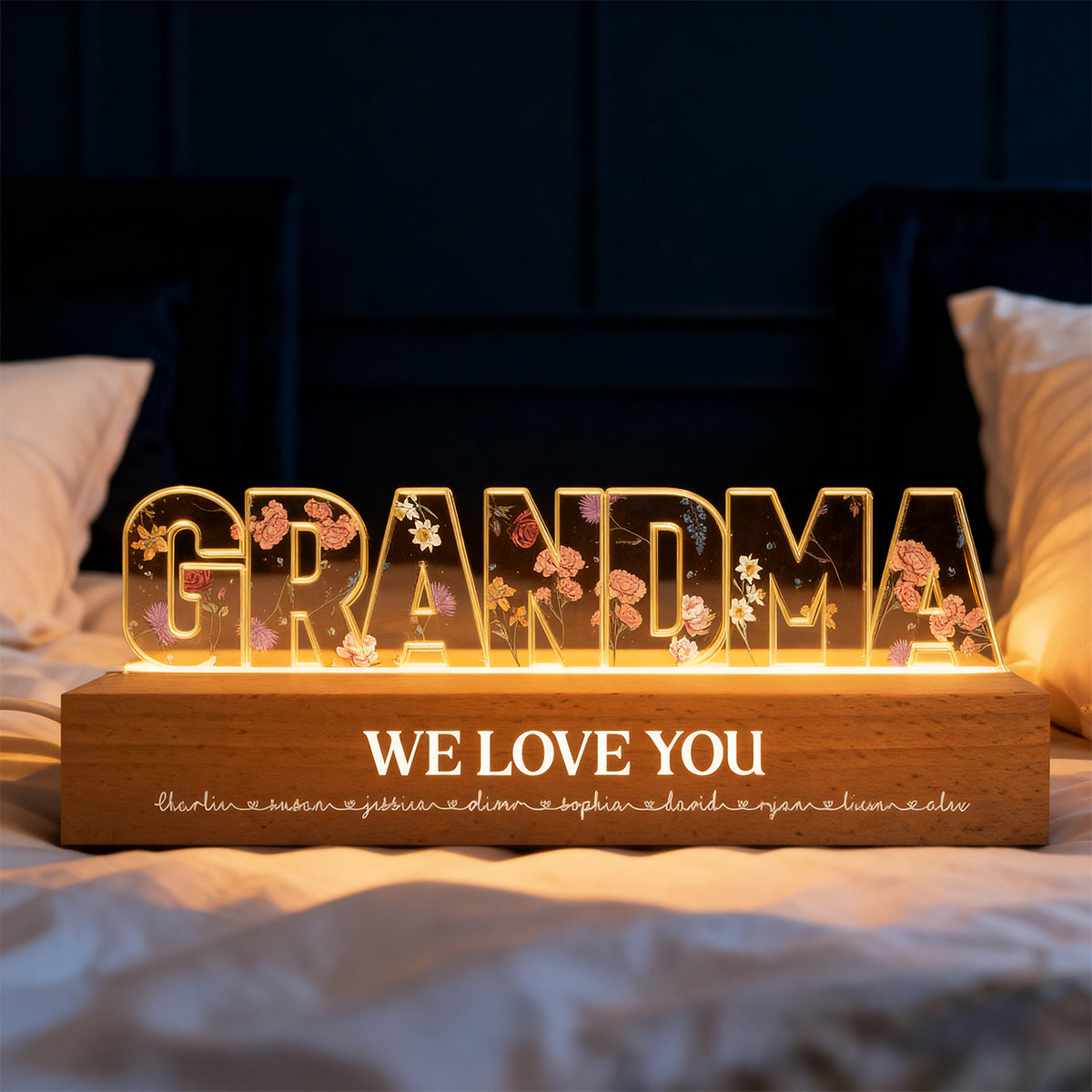 Custom Birth Month Flower Printed - Personalised Acrylic Block LED Night Light - Gift for Mum, Nanny, Wife