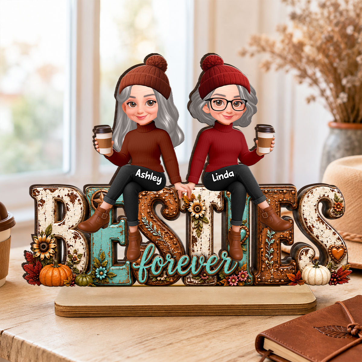 Western Besties Cozy Fall Vibe - Personalized 2-Layered Wooden Plaque - Fall Gift for Best Friends