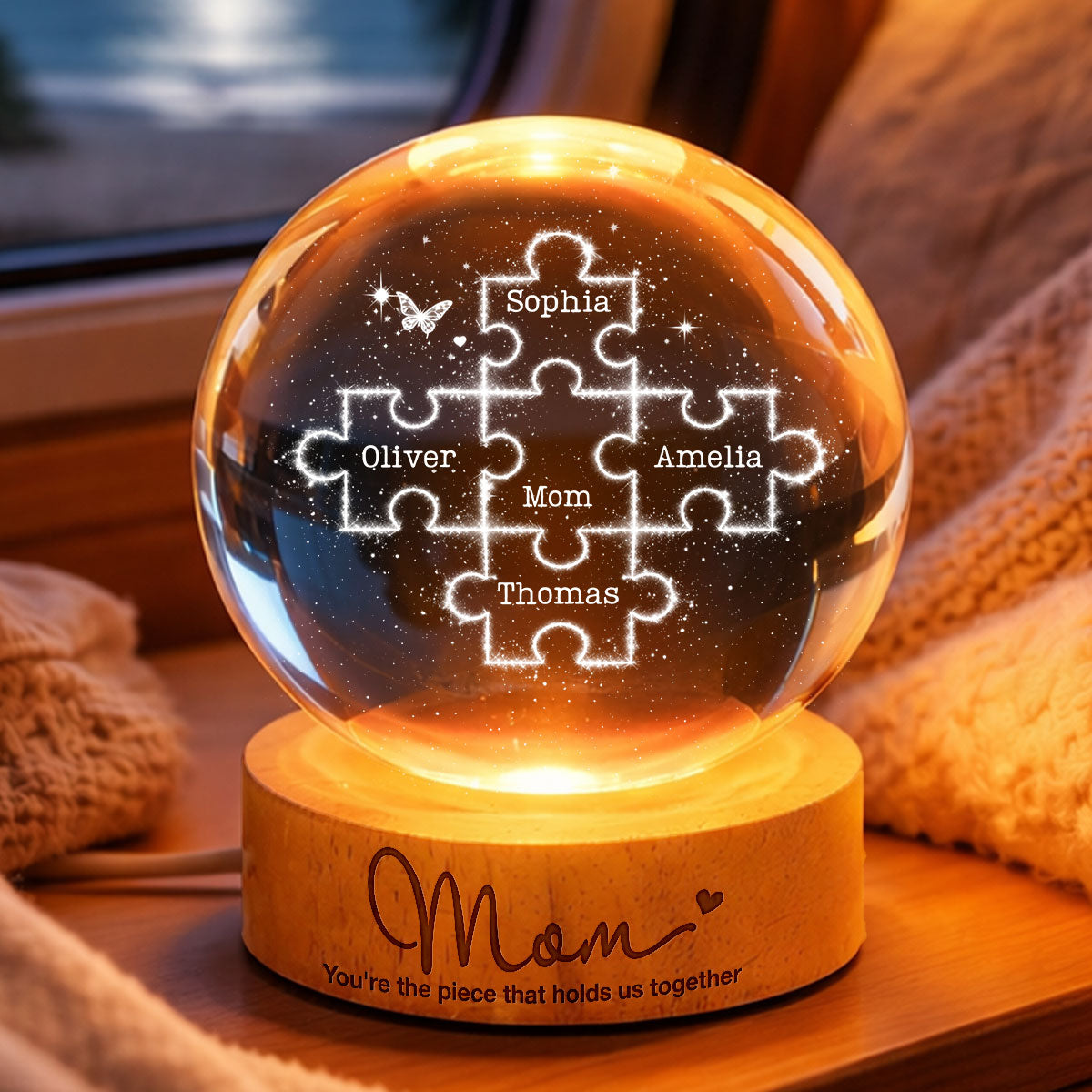 Mom You're the Piece that Holds Us Together - Personalized Crystal Ball LED Night Light - Mother's Day Gift for Mom, Wife