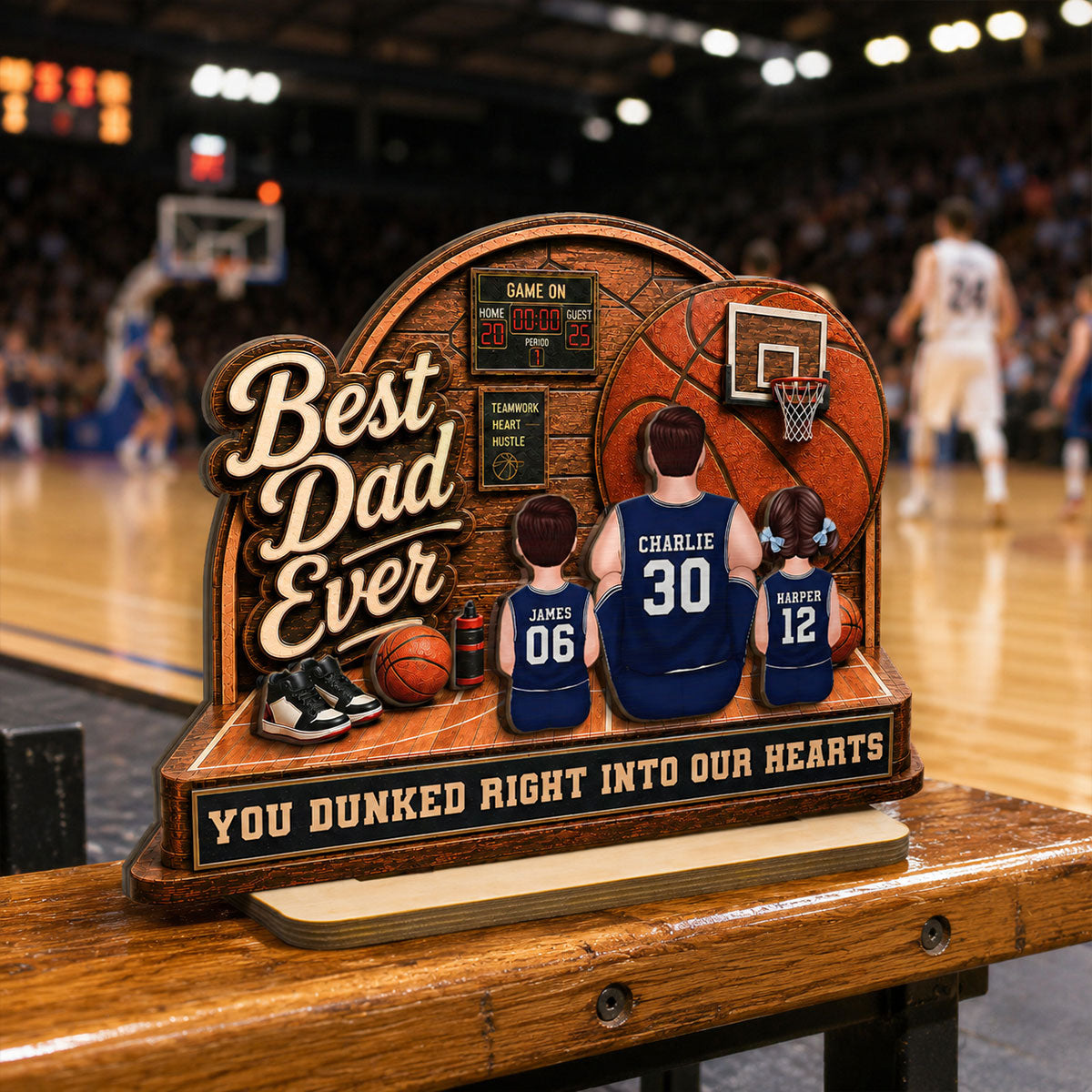 MVP Dad Back View Basketball Man & Kids 2D Flat - Personalized 2-Layered Wooden Plaque -  Gift For Basketball Dad