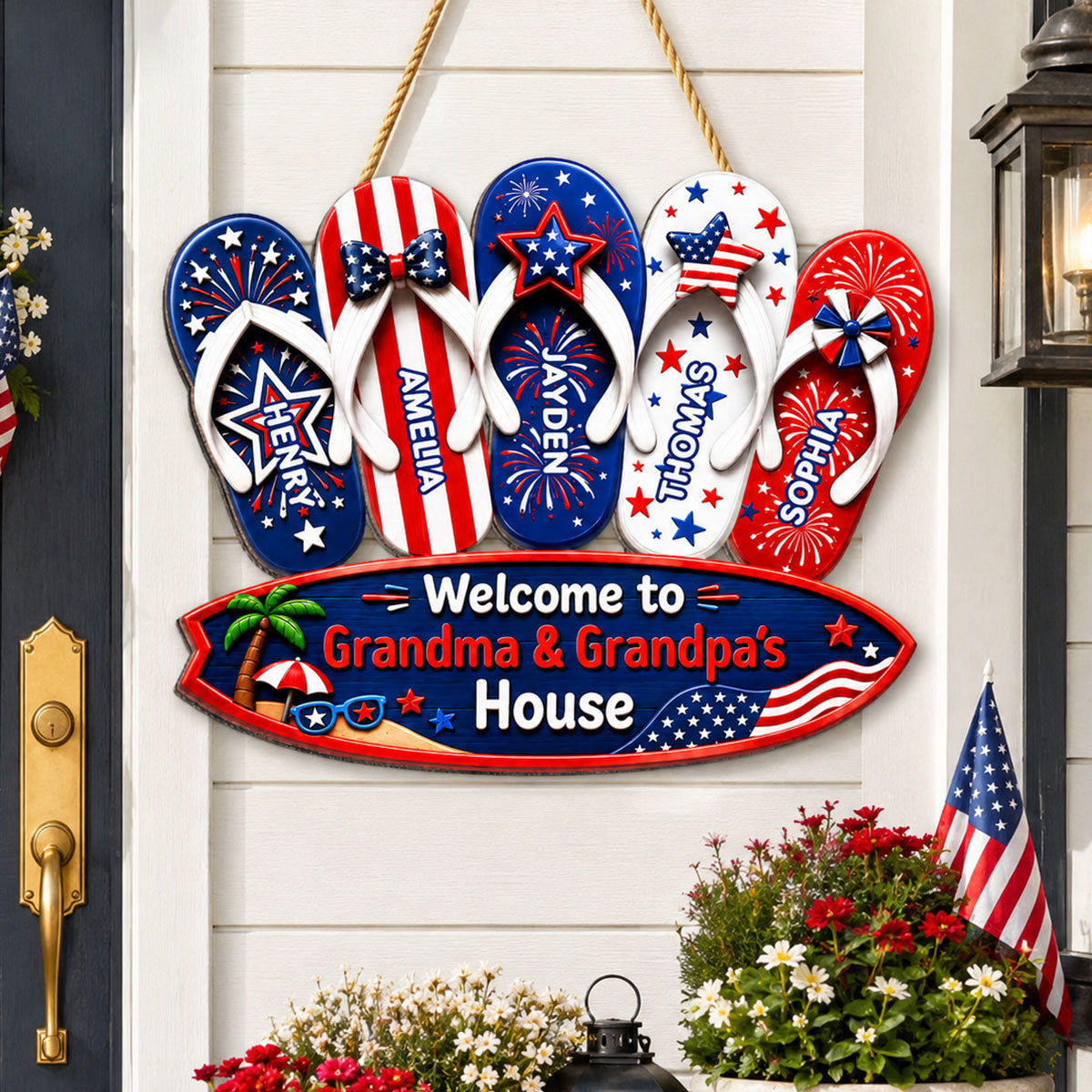 Welcome To Grandma Grandpa House Summer America 250th Anniversary - Personalized Wood Sign - Gift For Grandparents, 4th of July Decoration