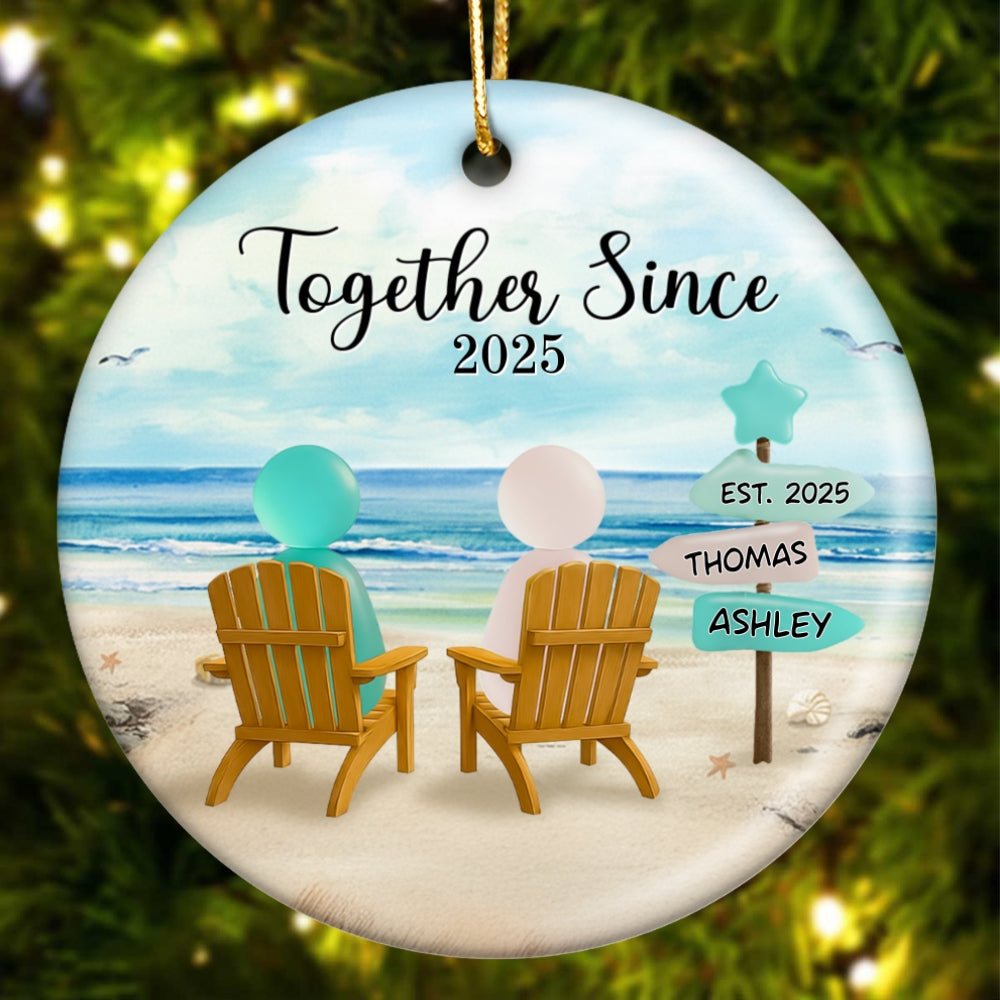 3D Effect Sea Glass Couple Romantic Beach Landscape Sign Posts - Personalized Ceramic Ornament - Heartfelt Christmas Gift For Couple