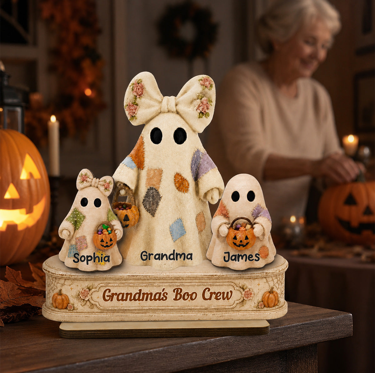 Grandma's Boo Crew Patchwork Style Ghosts 2D Flat - Personalized 2-Layered Wooden Plaque - Fall Season Halloween Decor For Grandma