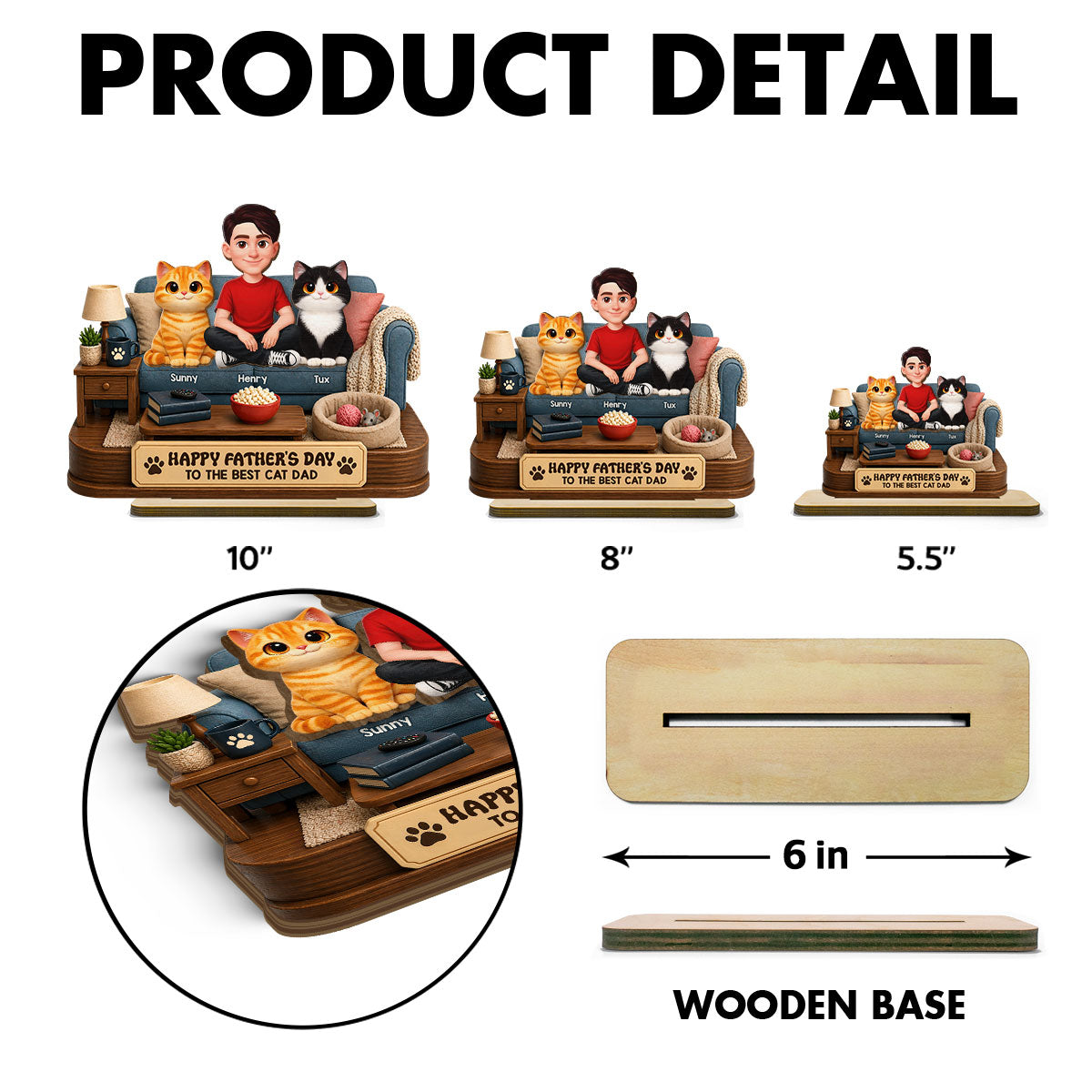 Happy  Best Cat Dad - Personalized 2-Layered Wooden Plaque -  Gift For Cat Dad, Cat Lovers