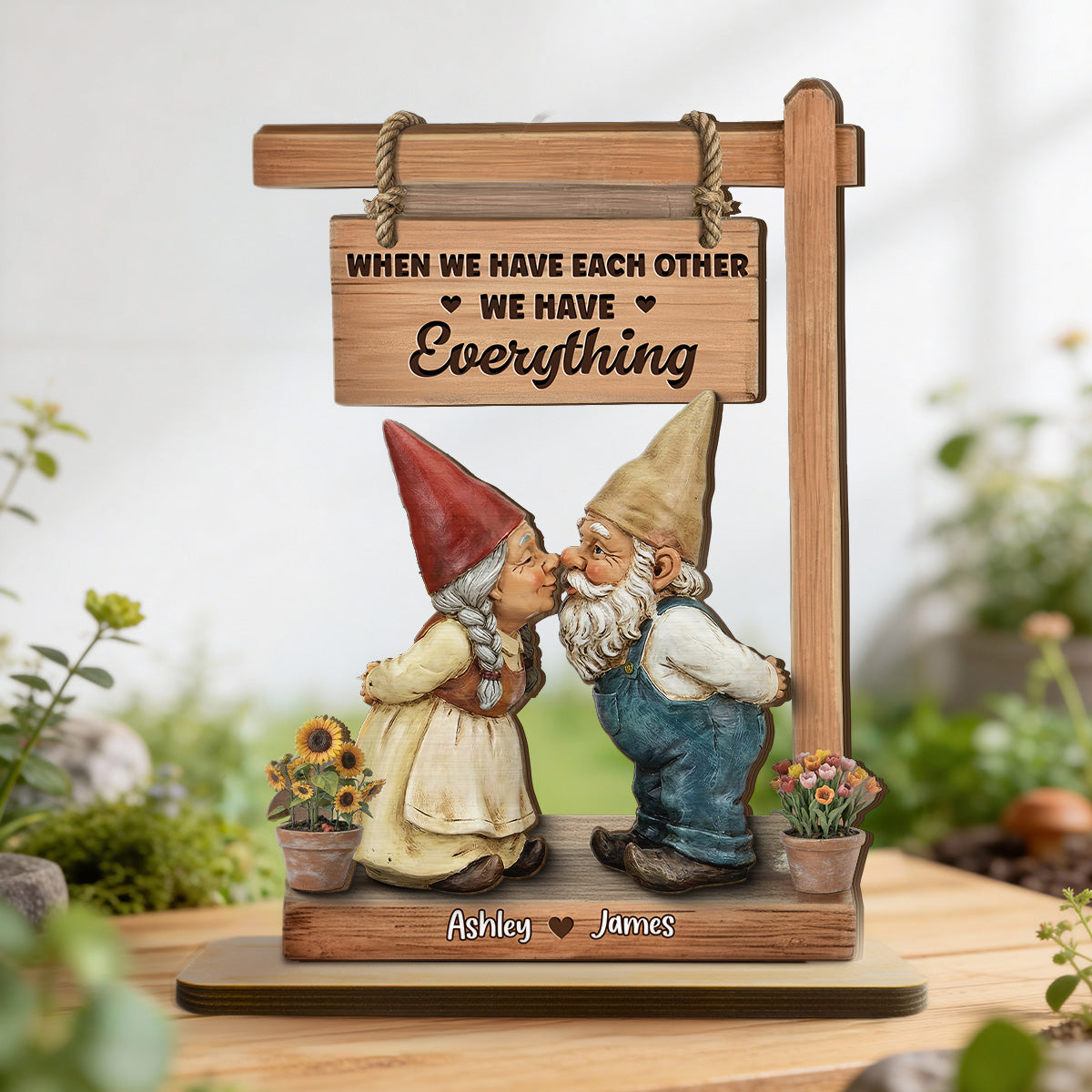 3D Effect Gnome Couple Kissing - Personalized 2-Layered Wooden Plaque - Anniversary, Valentine's Day Gift For Him, Gift For Her