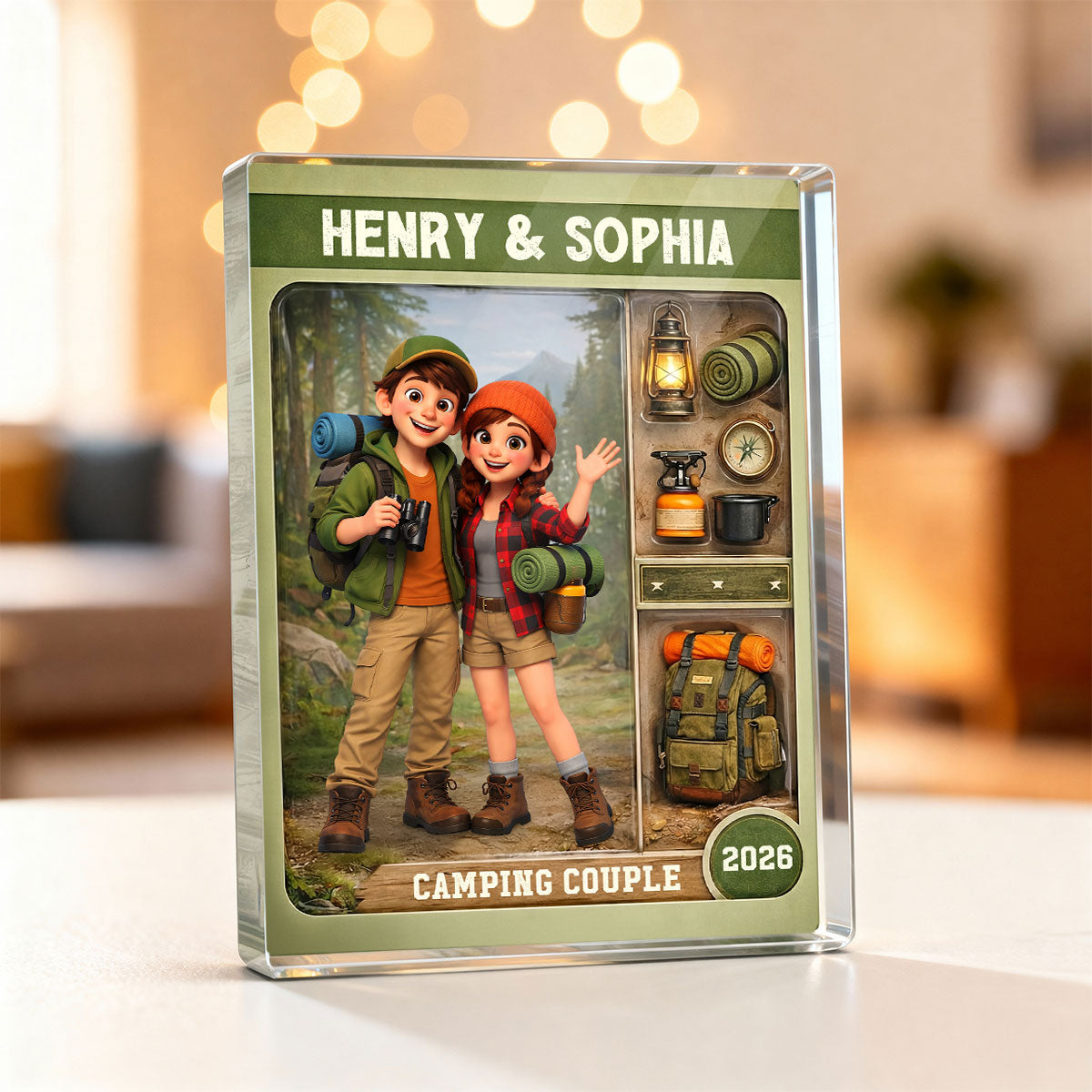 Camping Couple Action Figure - Personalized Acrylic Block Plaque - Anniversary, Valentine's Day Gift, Gift For Him, Gift For Her