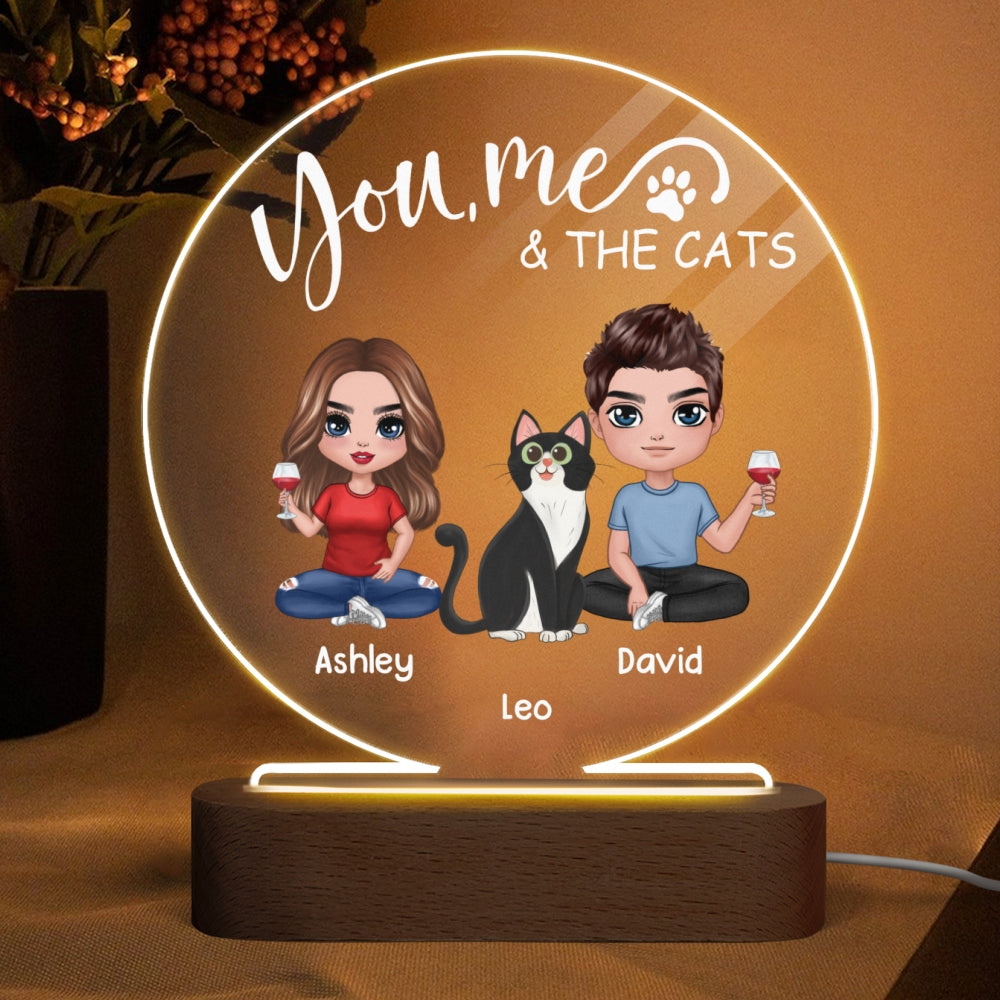 Doll Couple Sitting With Cats You Me And The Cats Personalized Circle Acrylic Plaque LED Lamp Night Light