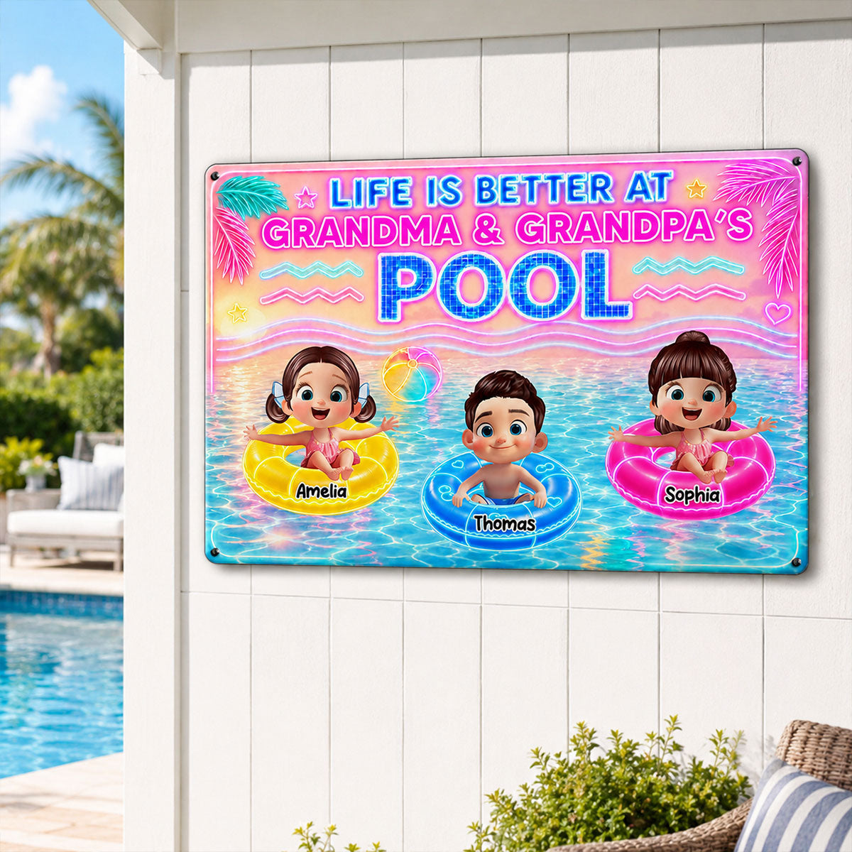 Neon Summer Life is Better in Grandma Grandpa's Pool - Personalized Metal Sign - Summer Decor Gift for Grandma, Grandparents