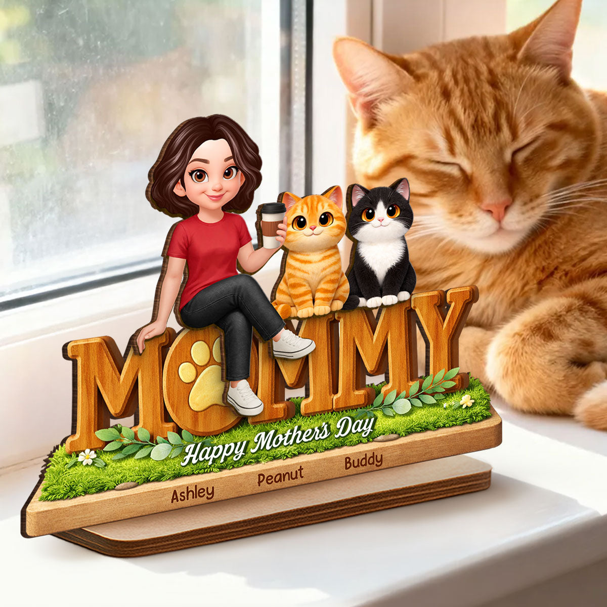 Cat Mom Cute Fluffy Cats - Personalized 2-Layered Wooden Plaque - Mother's Day Gift For Cat Mom