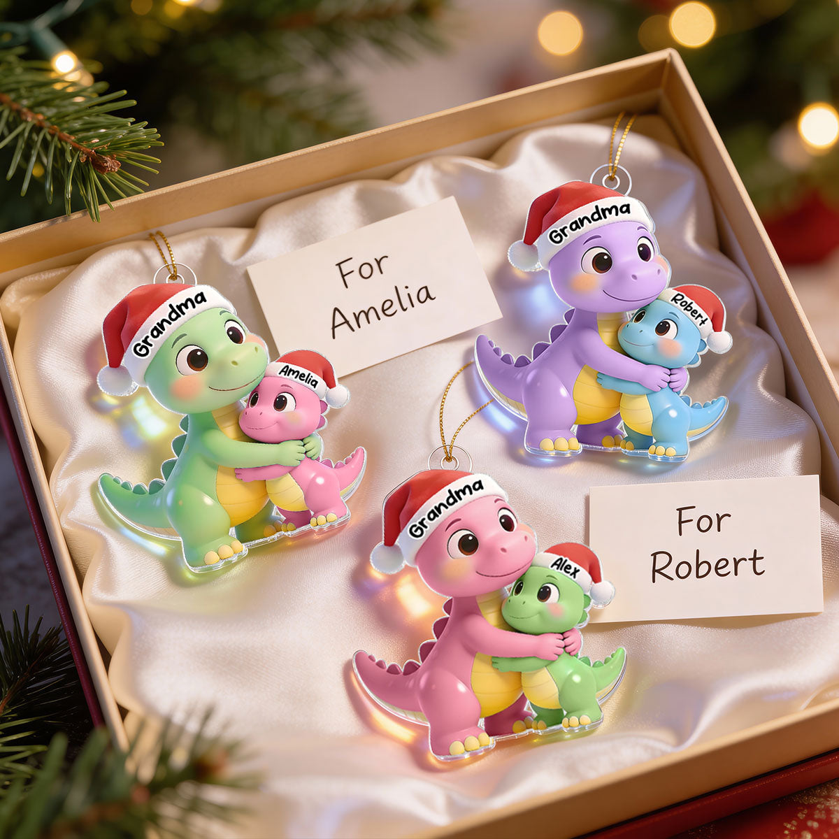 3D Effect Heartwarming Happy Grandmasaurus With Dinosaur Grandkid - Personalized Acrylic Ornament - Gift For Grandkids