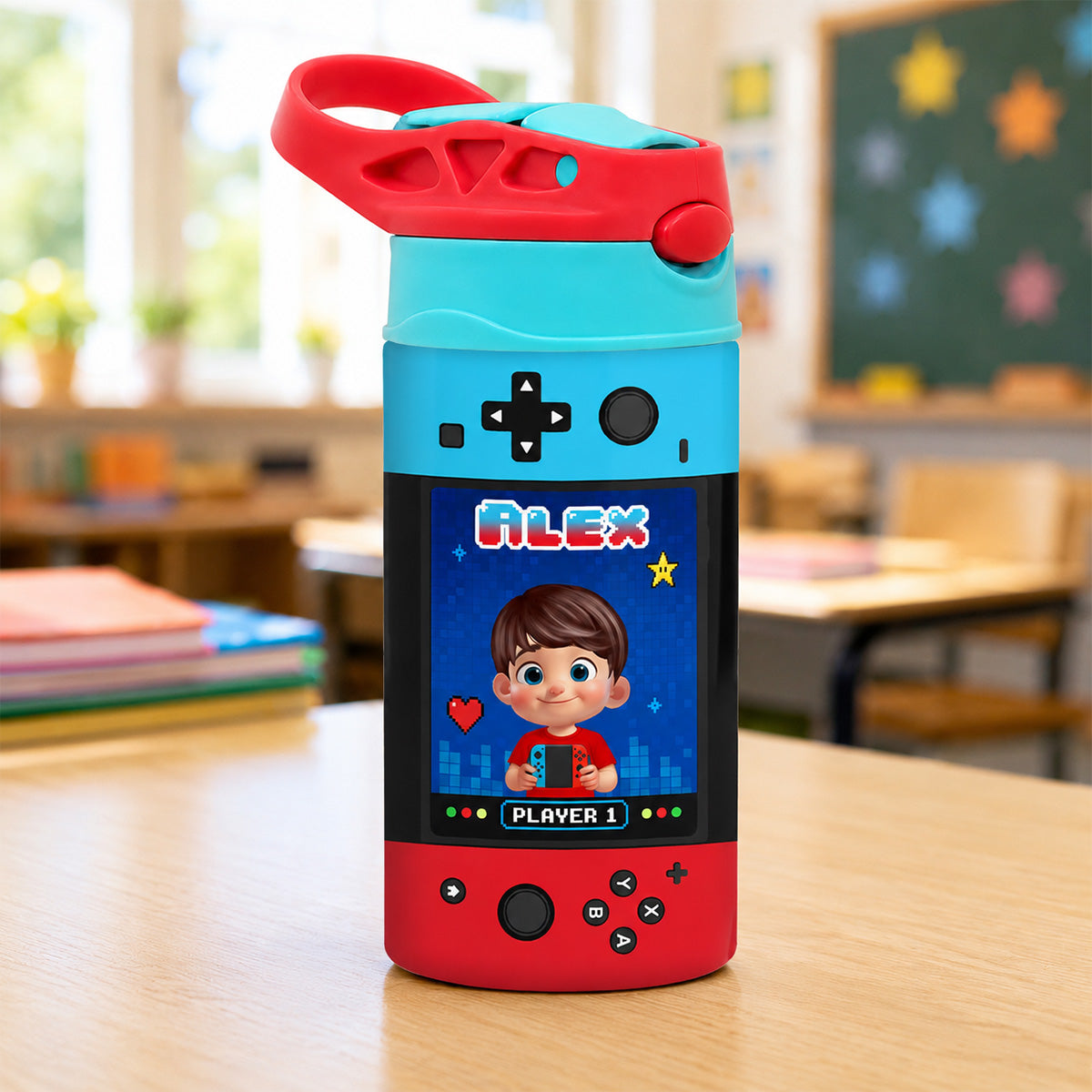 Gaming Controller Theme Cute Gamer Kid - Personalized Kid Insulated Water Bottle - Stainless Steel Toddler Cups with Straws, BPA Free, Leak-Proof