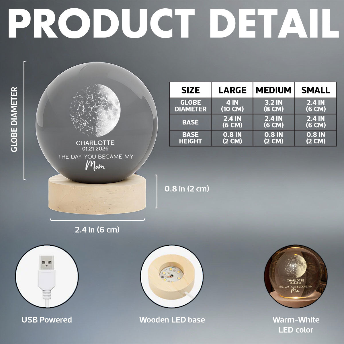 The Days You Became Our Mom Custom Moon Phase And Star Map - Personalized Crystal Ball LED Night Light - Mother's Day Gift For Mom