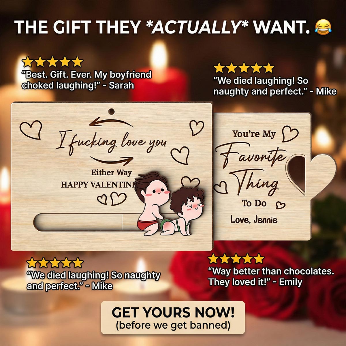I Fcking Love You Funny Inappropriate Couple Cartoon Style - Personalized Wooden Slider Ornament - Valentine's Day Gift For Him, For Her