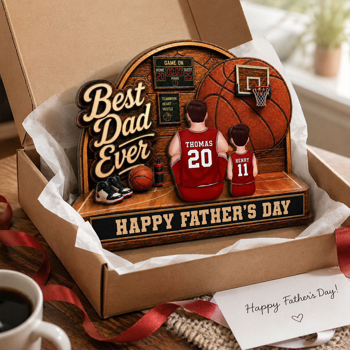 MVP Dad Back View Basketball Man & Kids 2D Flat - Personalized 2-Layered Wooden Plaque -  Gift For Basketball Dad