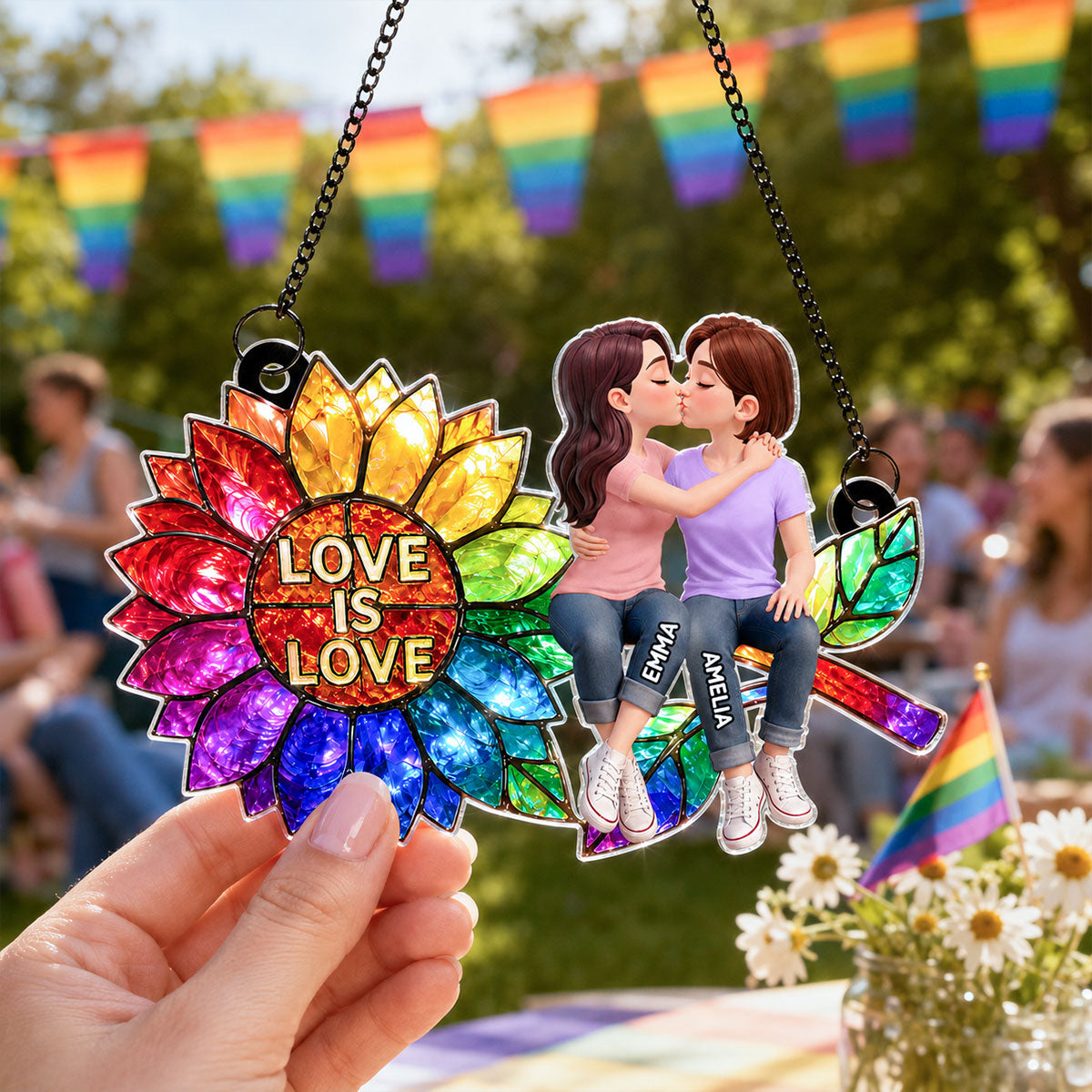 Sunflower Love is Love LGBT Couple - Personalized Suncatcher - Heartfelt Gift for Her, for Him