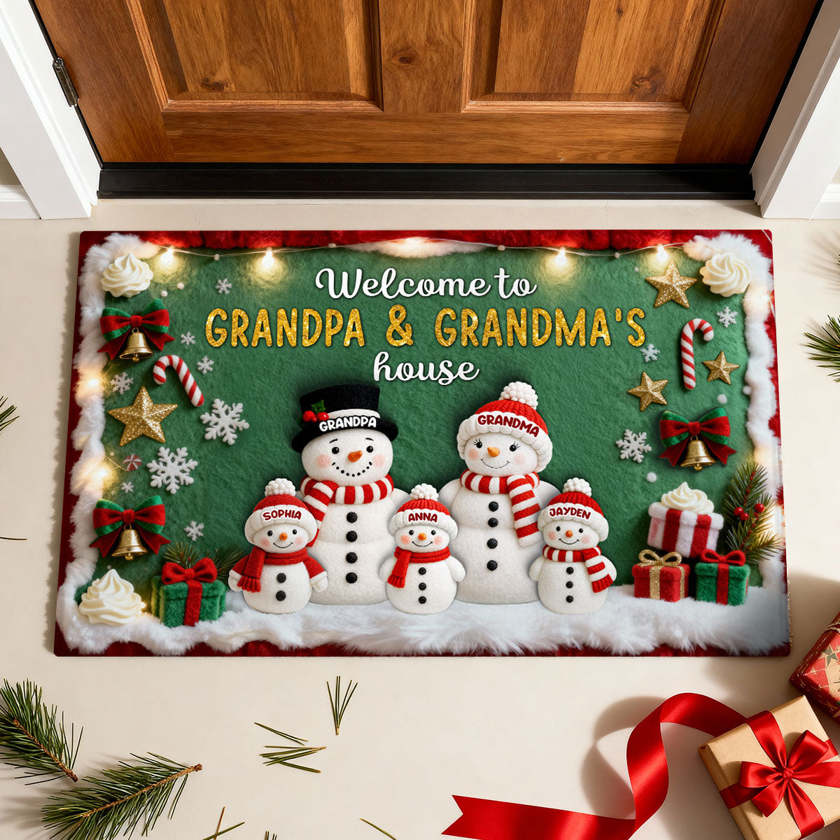 3D Effect Festive Christmas Snowman Welcome To Grandma Grandpa House - Personalized Doormat - Gift For Grandparents