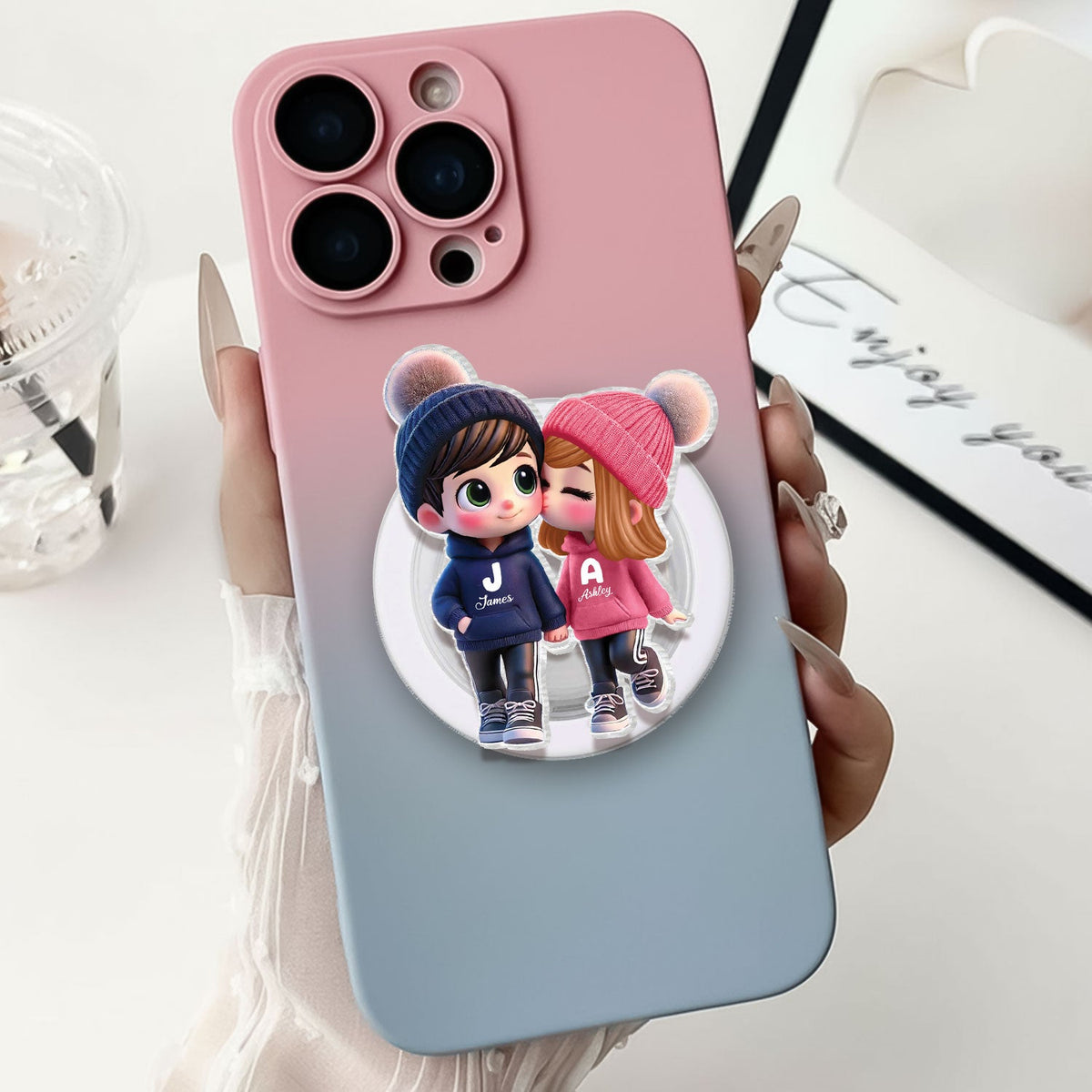3D Effect Cute Cartoon Couple Walking - Personalized Acrylic Magnetic Phone Grip - Matching Phone Grips for Couples