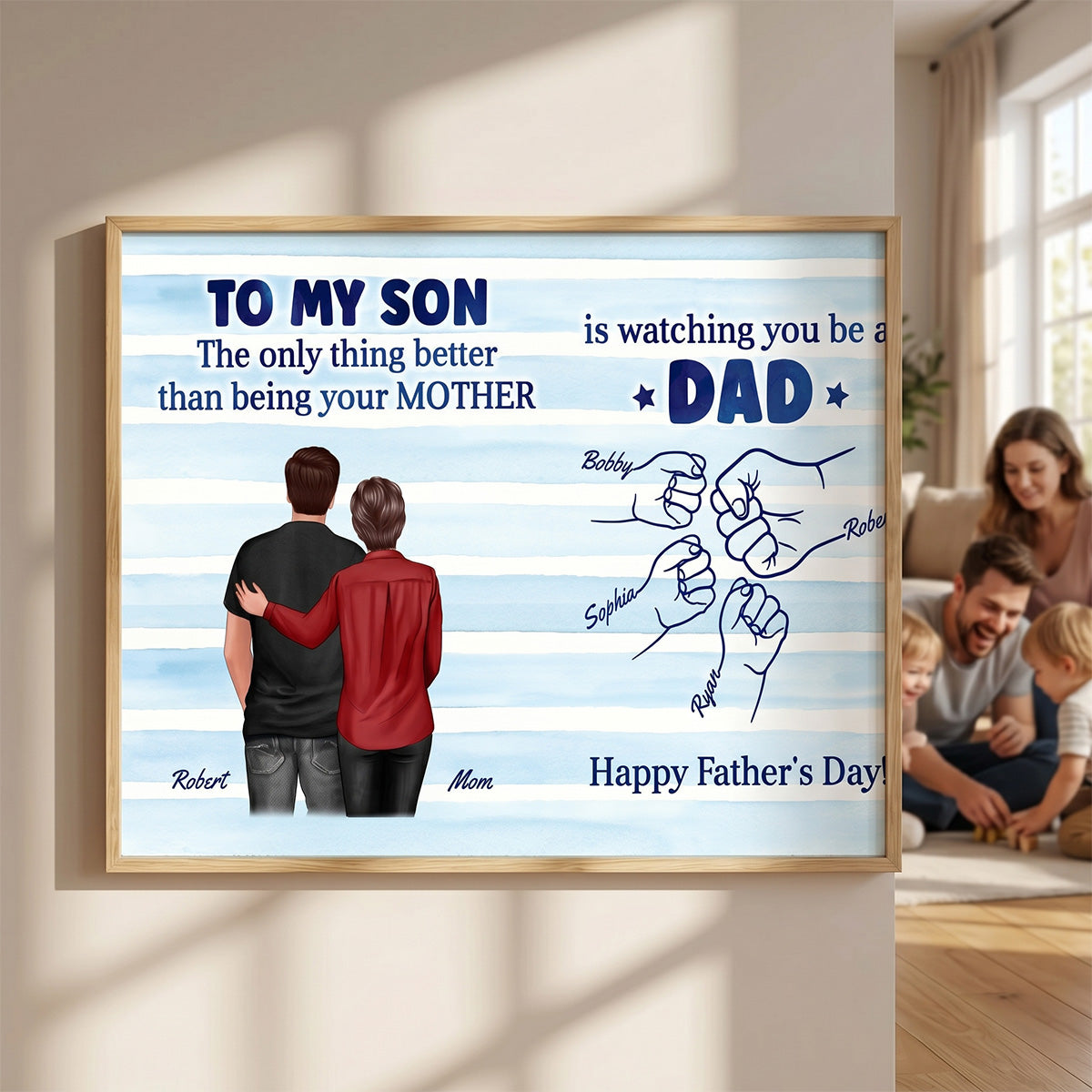 From Mom Dad To Son Watching You Be A Dad Blue Stripe Theme - Personalized Poster - Father's Day Gift For Son