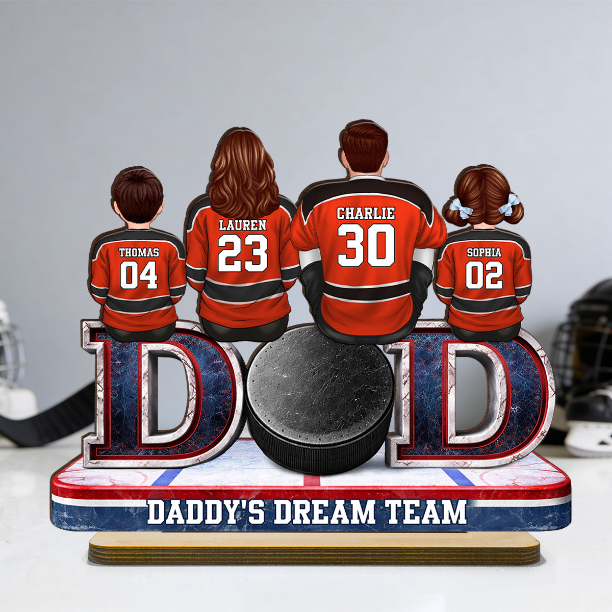 Hockey Dad Family Sitting Back View - Personalized 2-Layered Wooden Plaque - Heartfelt Gift For Hockey Dad, Gift For Husband, Gift For Family