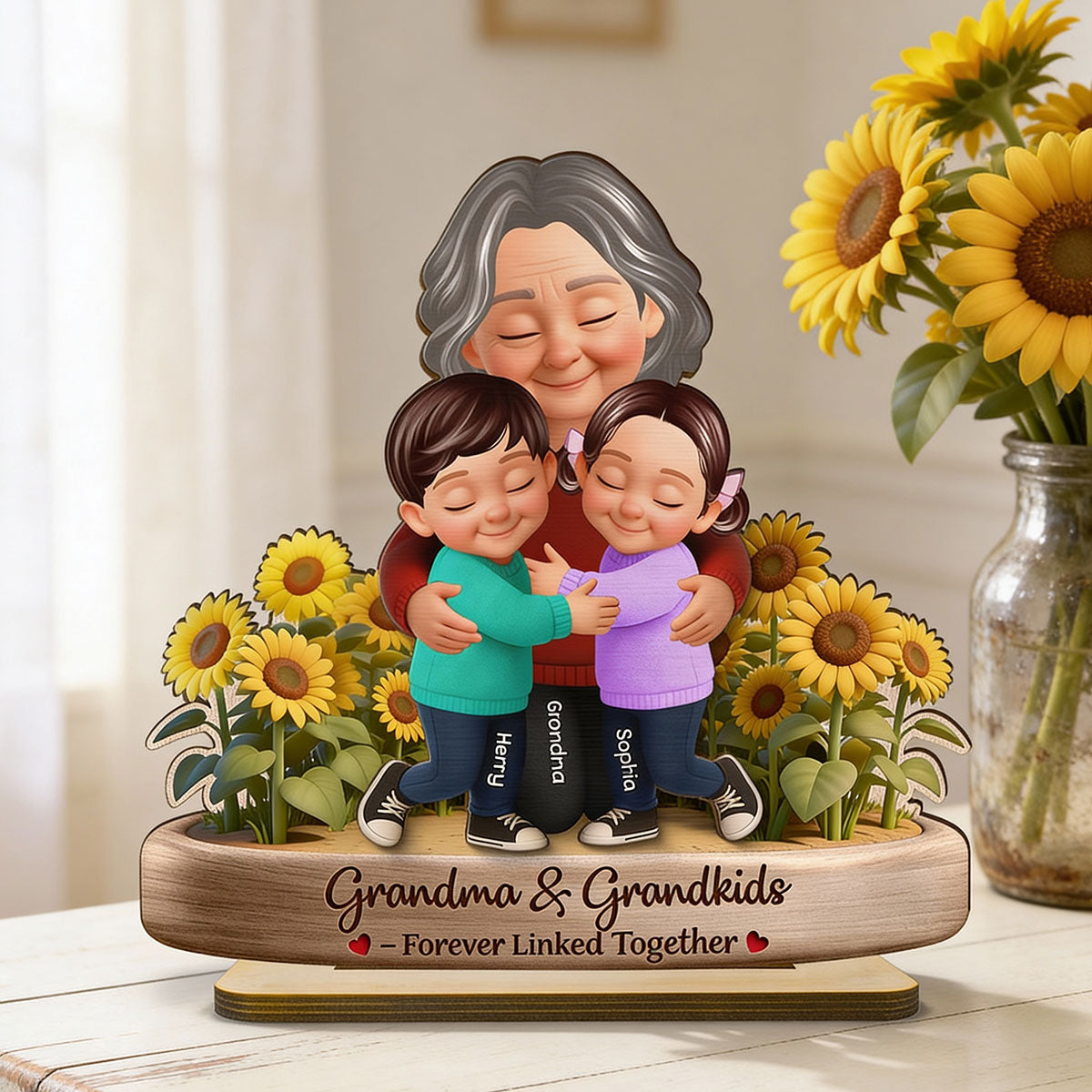 Grandma And Grandkids Forever Linked Together Sunflower Field - Personalized 2-Layered Wooden Plaque - Gift For Grandma