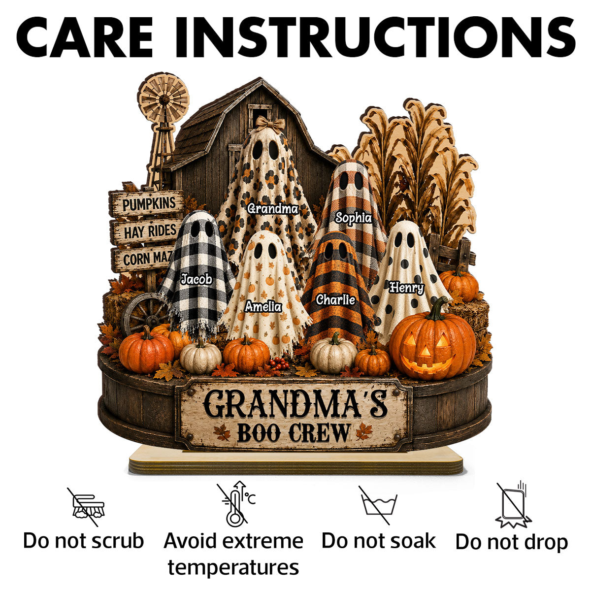 Grandma's Boo Crew Pumpkin Patch - Personalized 2-Layered Wooden Plaque - Halloween Fall Decor for Grandma