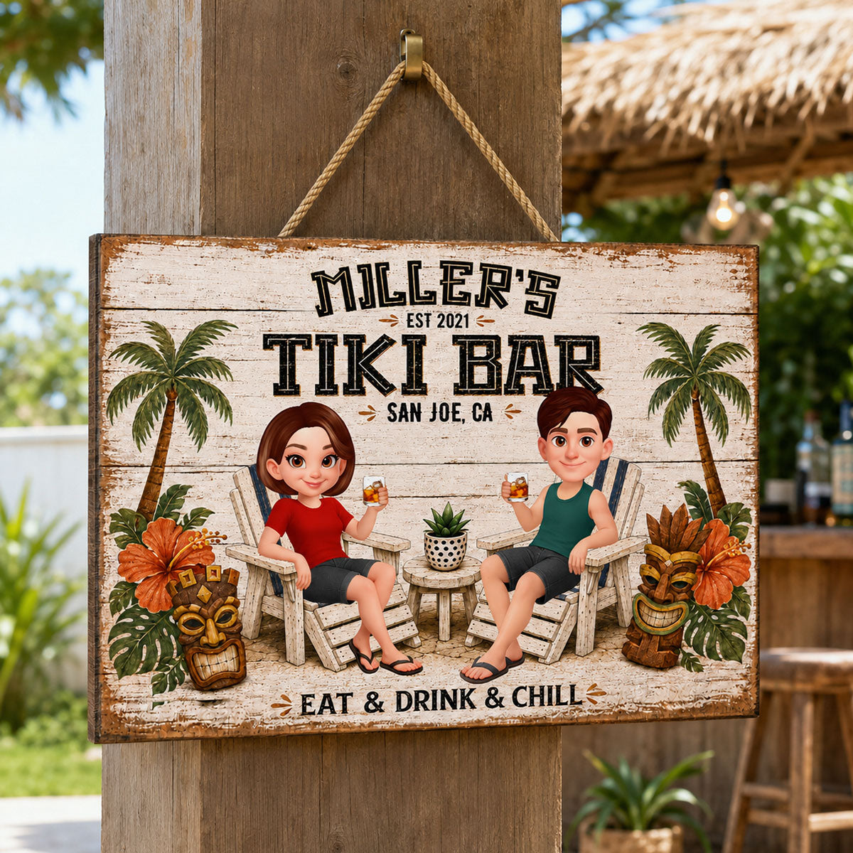 Custom Couple Tiki Bar - Personalized Wooden Sign - Outdoor Home Bar Decor, Eat Drink & Chill Sign, New Home Gift