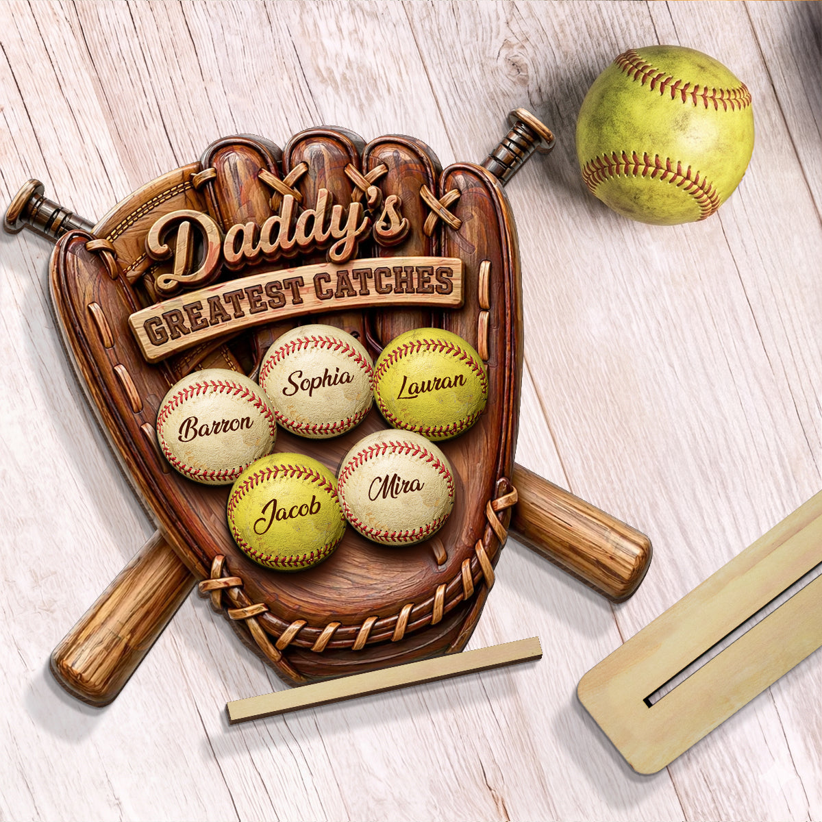 Daddy's Greatest Catches Baseball Softball - Personalized 2-Layered Wooden Plaque -  Gift for Husband, Dad