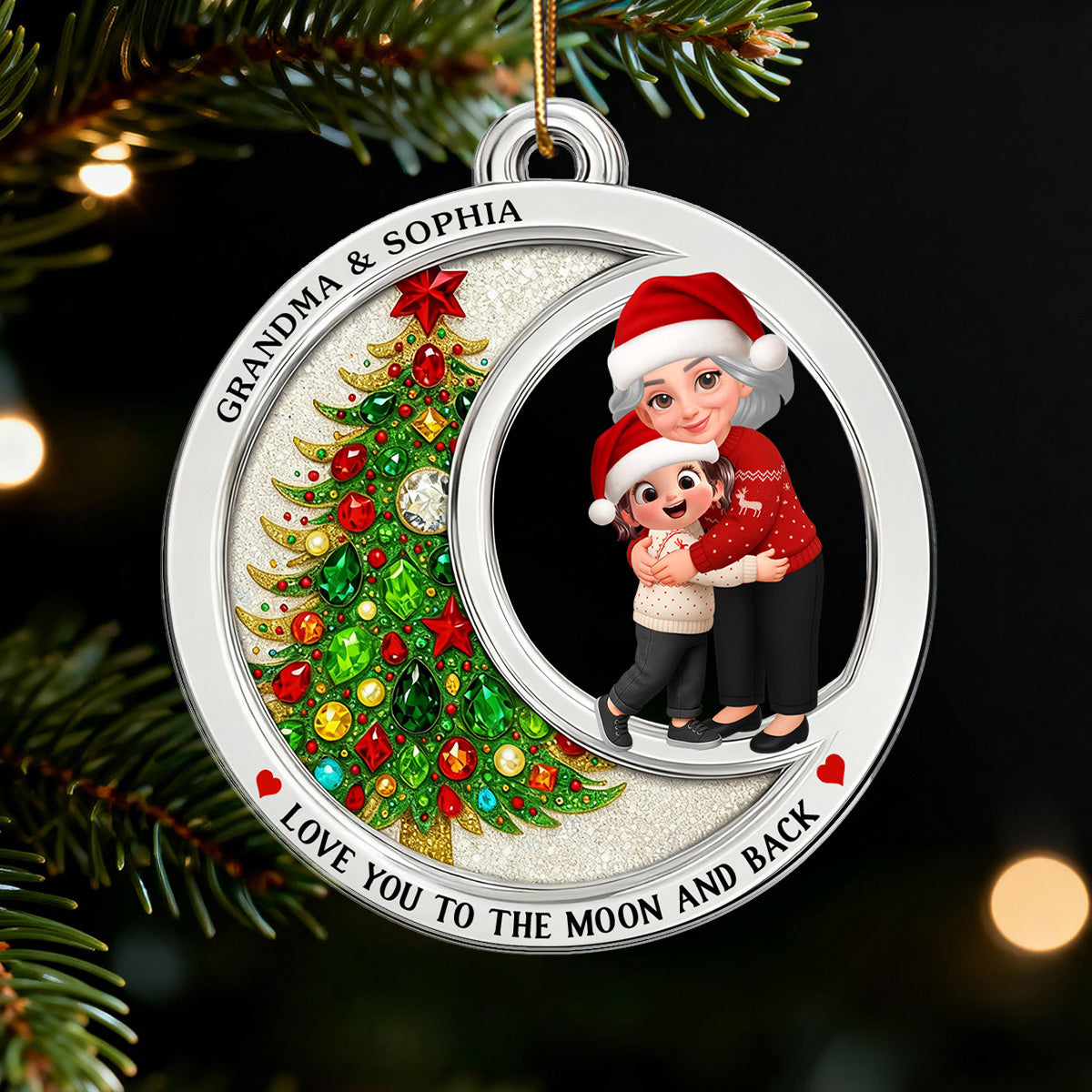 2D Flat Crystal Effect Love To The Moon Grandma Hugging Grandkid - Personalized Acrylic Ornament