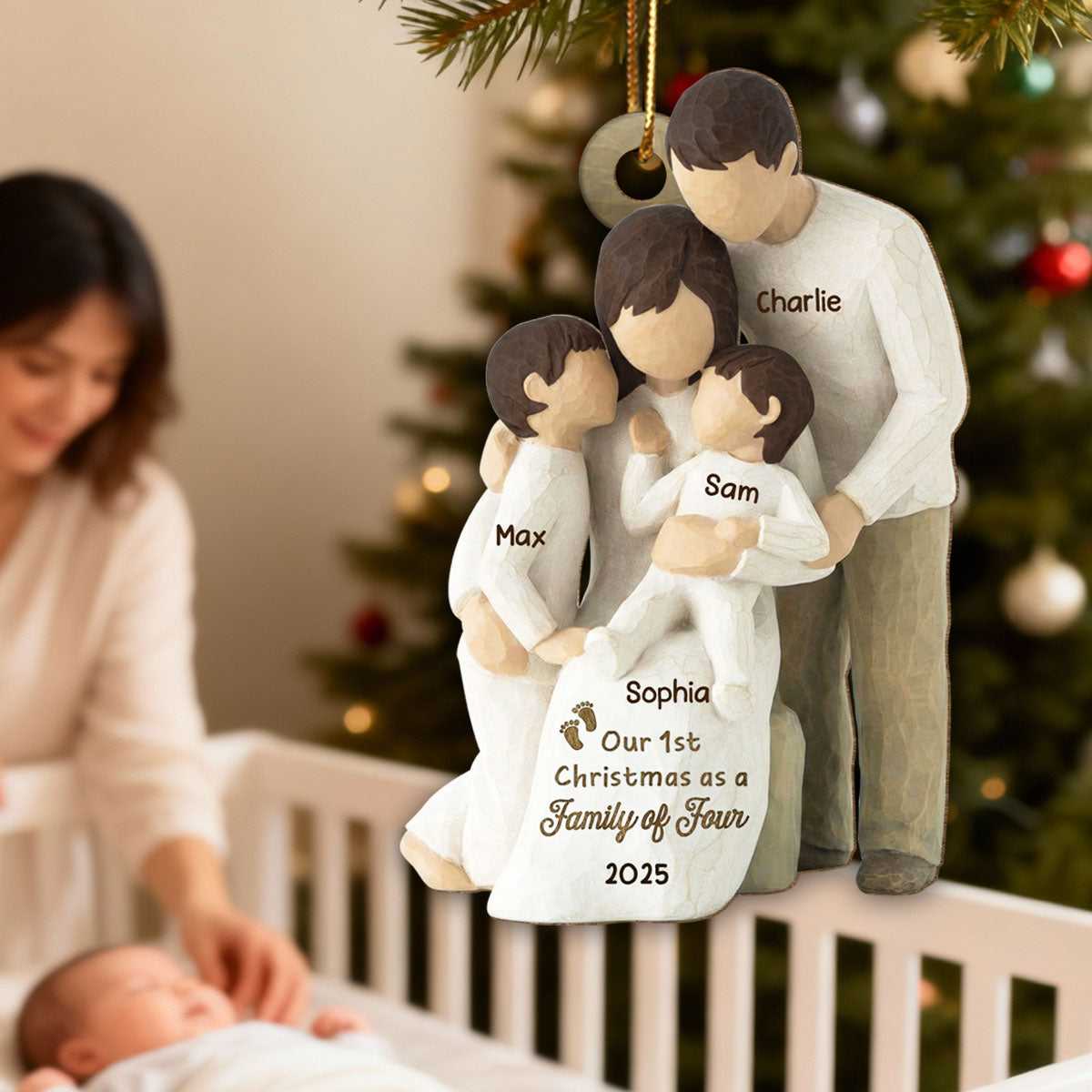 3D Effect First Christmas As Family Of Four - Personalized Wooden Ornament