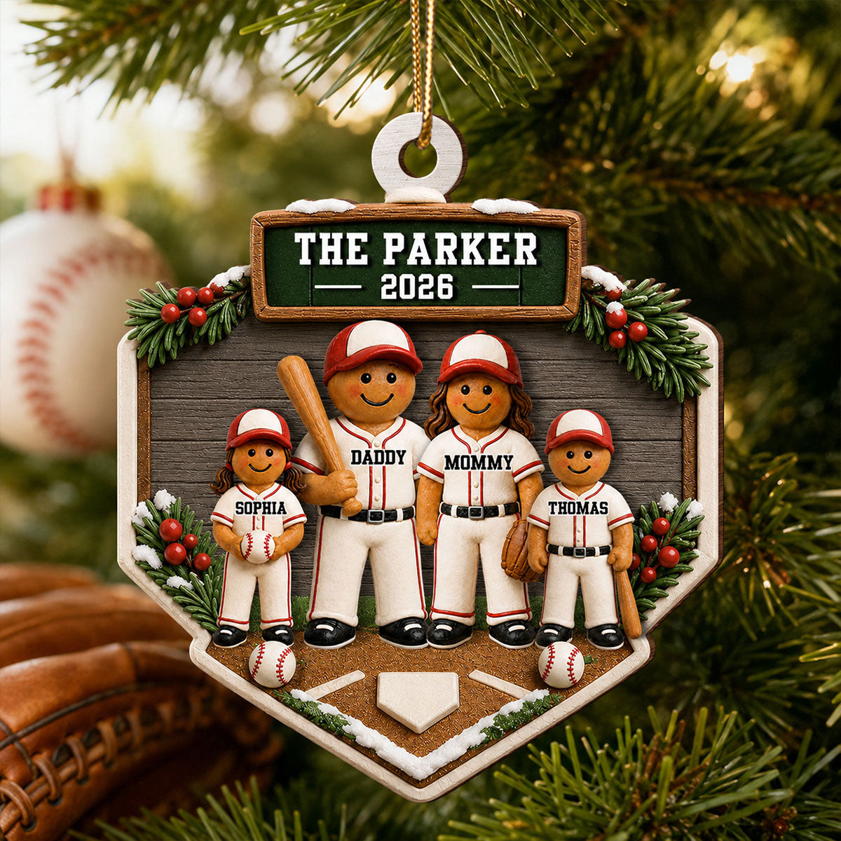 Baseball Gingerbread Family Home Plate 2D Flat - Personalized Wooden Ornament - Sport Lover Christmas Tree Decor, Keepsake